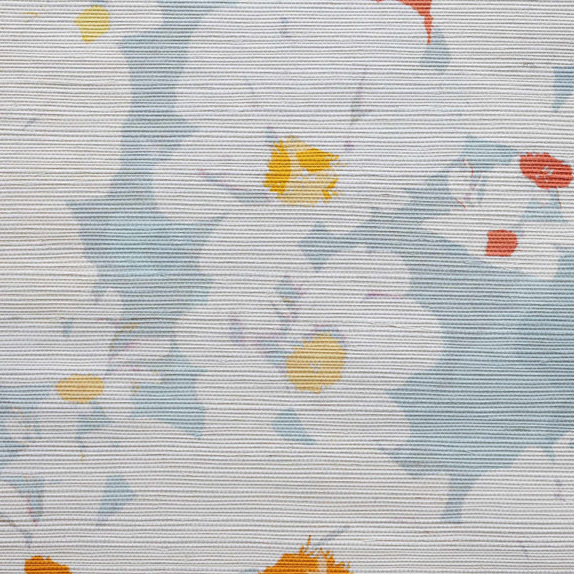 Close up detail photo of sisal grasscloth with colorful abstract flower pattern on a light blue background