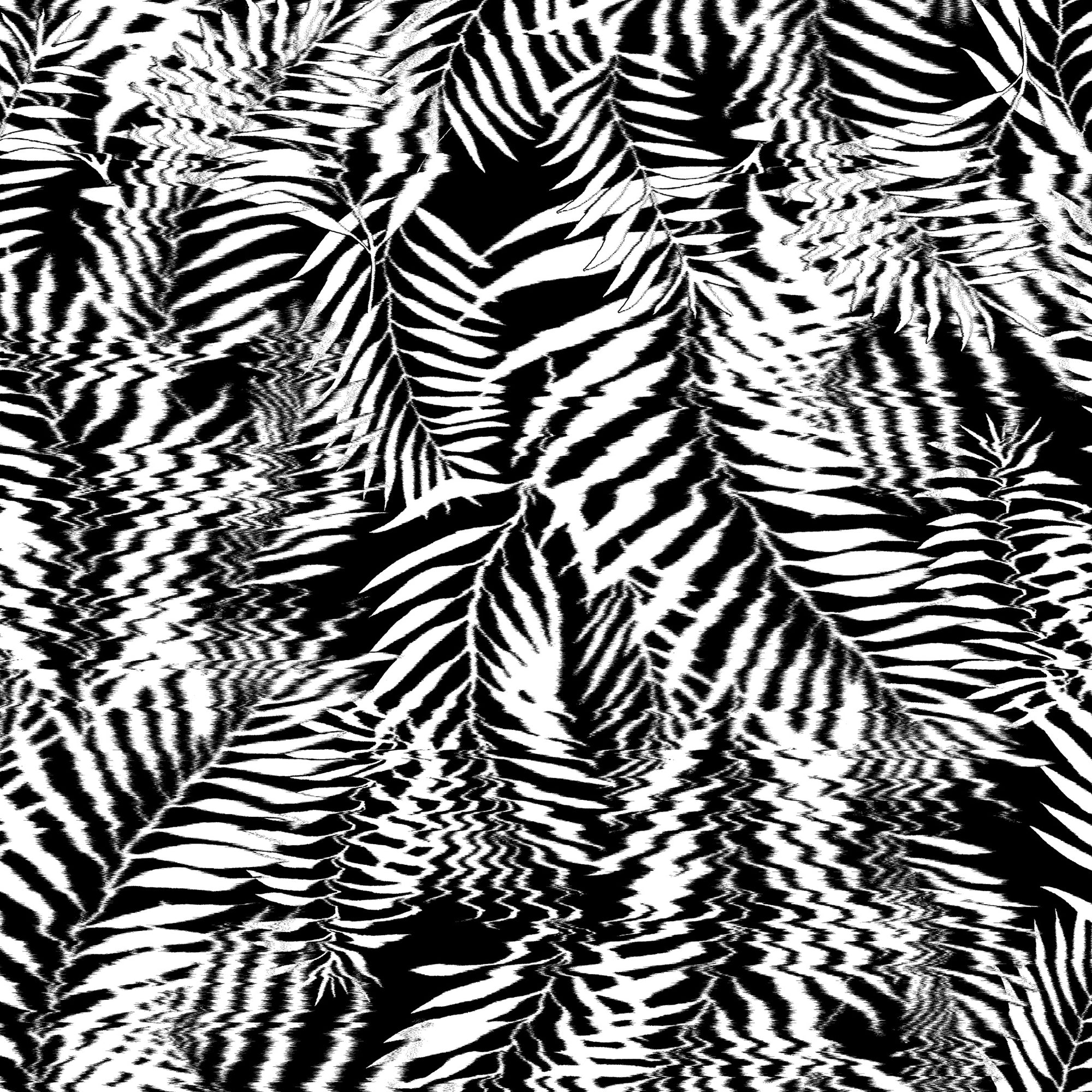 Close-up of black and white tropical palm leaf wallpaper featuring a rippling, wave-like visual texture.