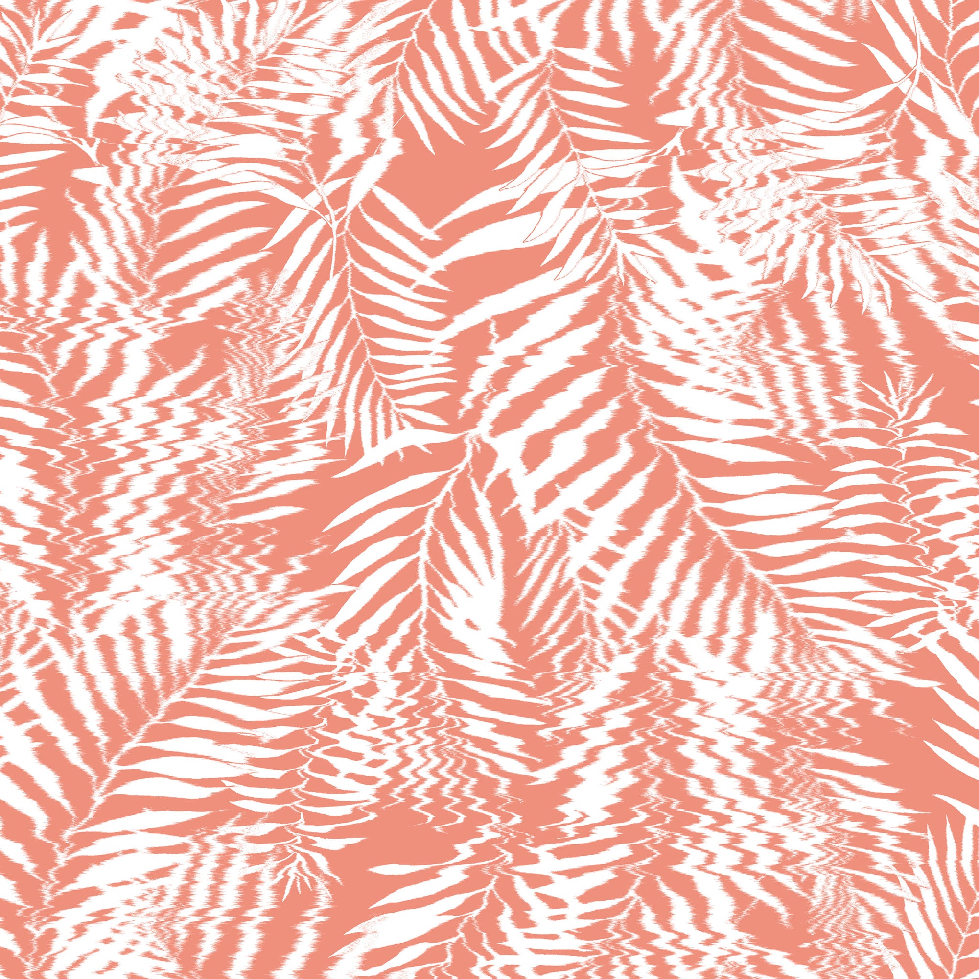 Coral pink and white wallpaper with a tropical palm leaf pattern and a dynamic, water-like ripple effect.