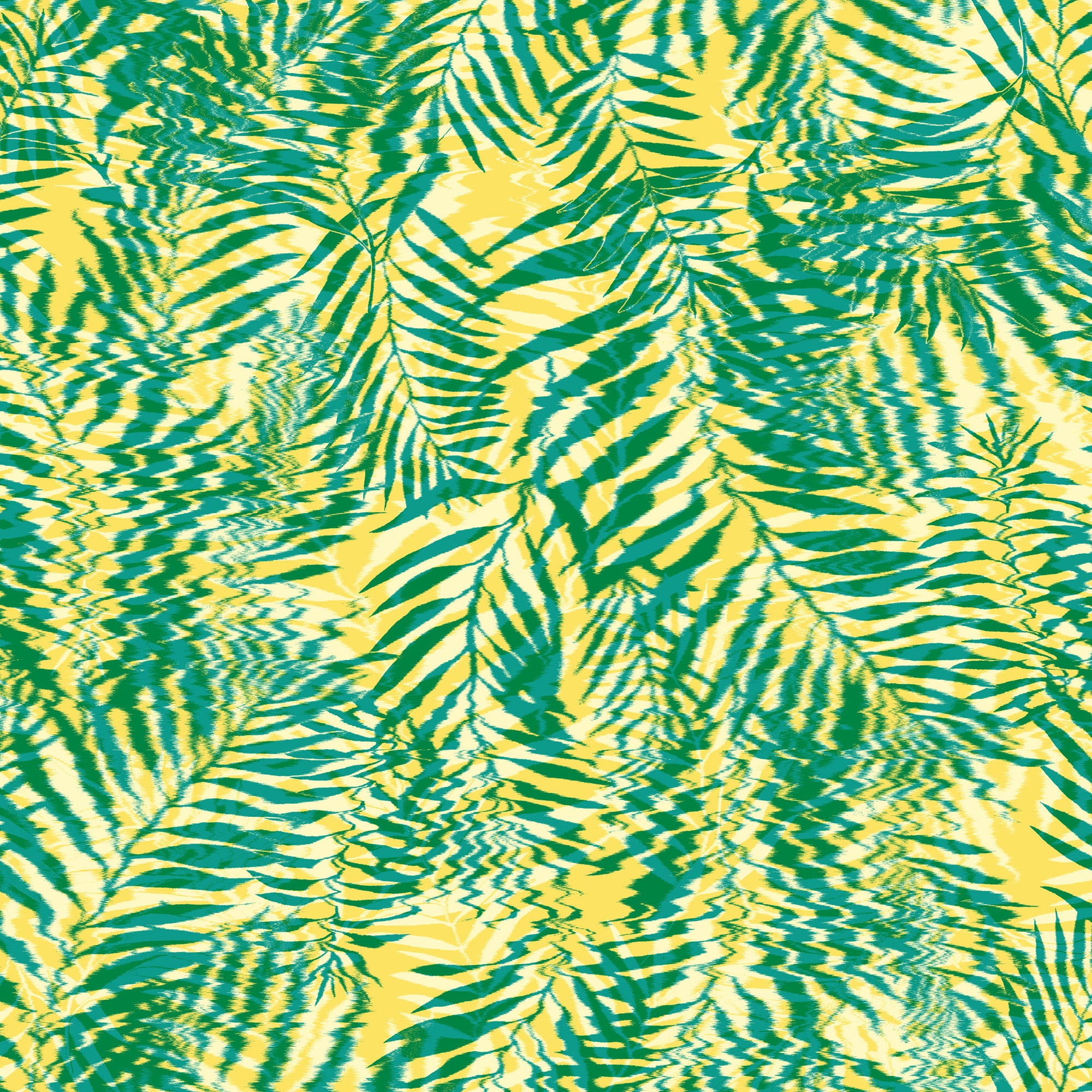 Bright yellow wallpaper with vibrant green tropical palm leaves and a wavy, ripple texture for a lively, summery look.