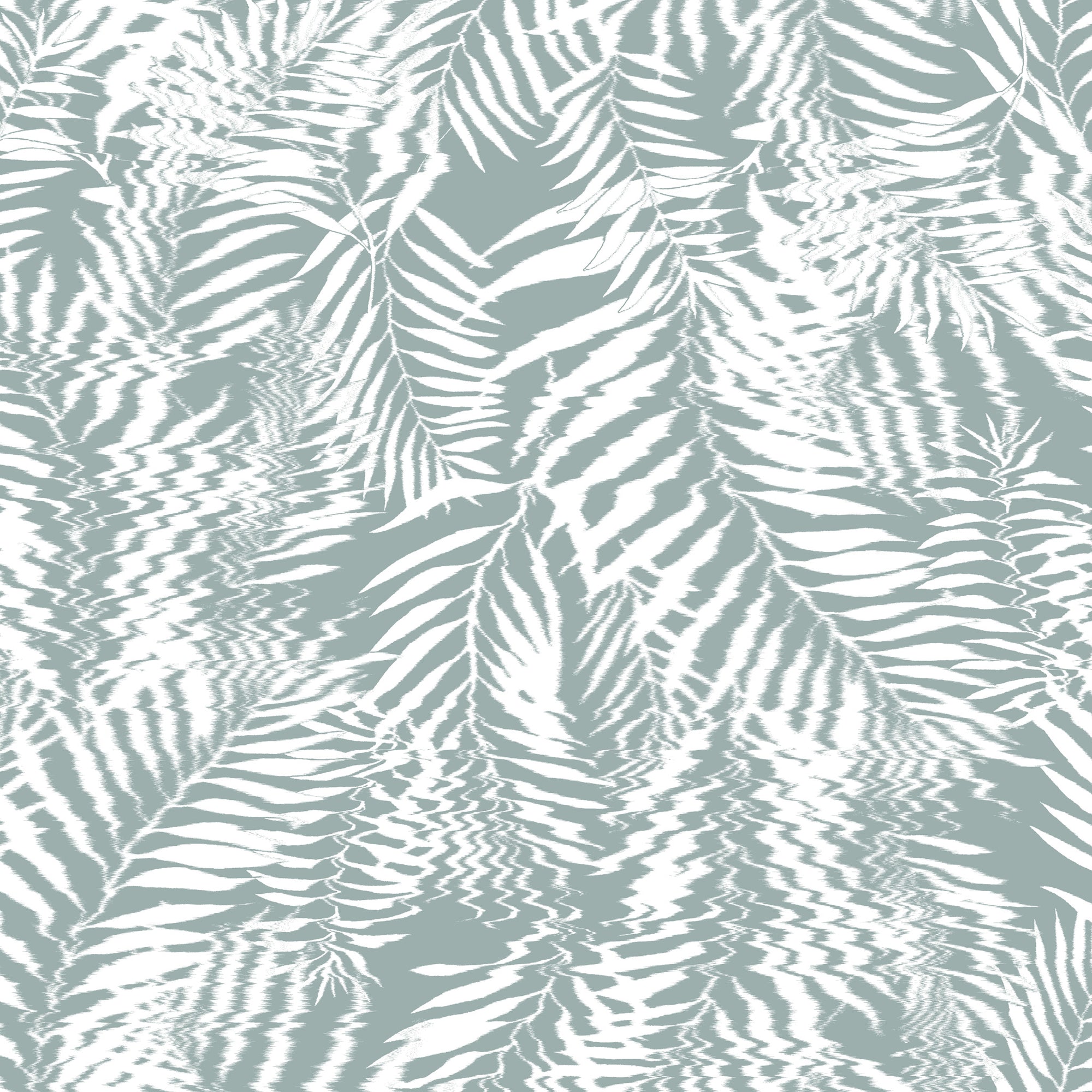 Soft green and white palm leaf wallpaper featuring a nature-inspired ripple effect, adding subtle movement to the design.