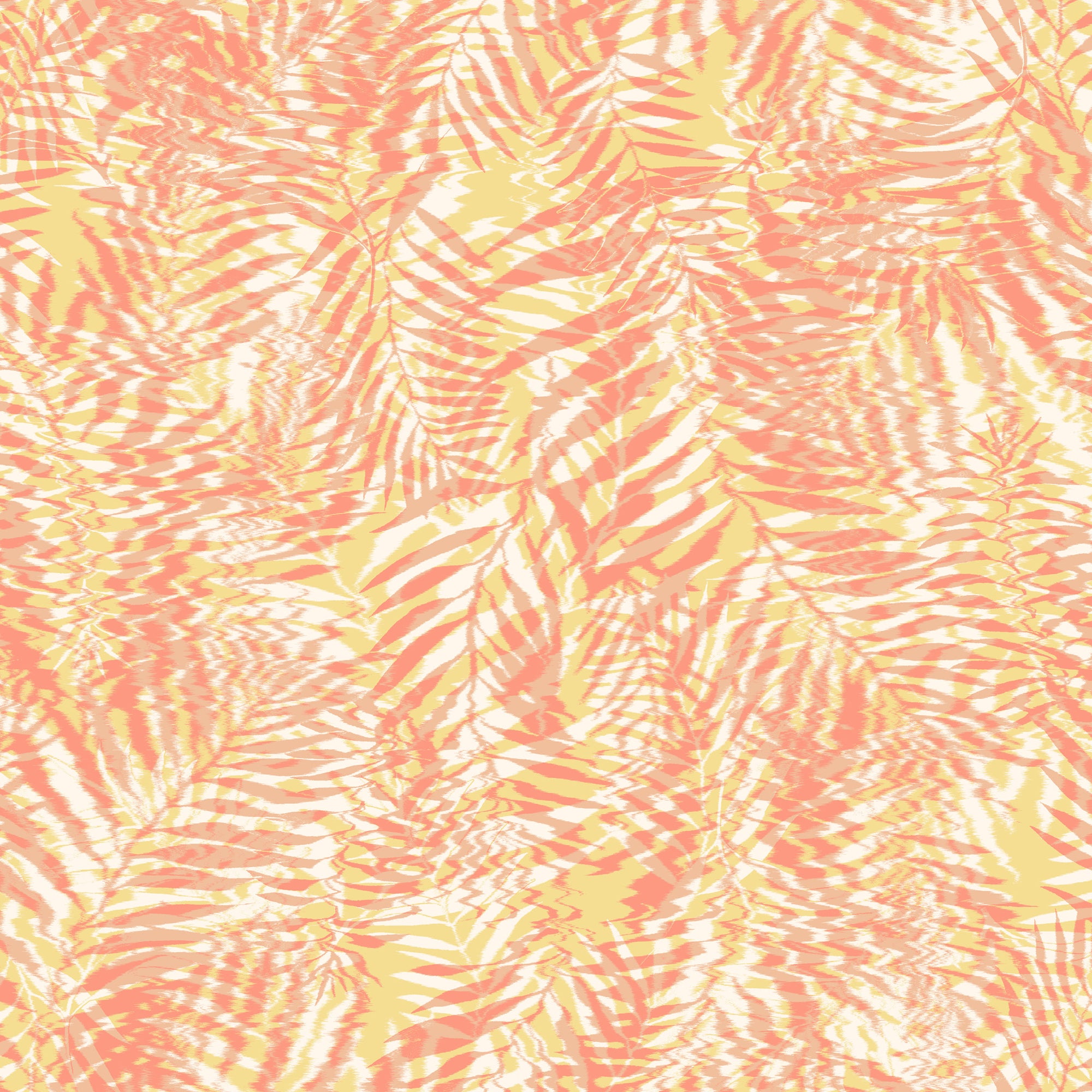 Warm peach and soft yellow tropical leaf wallpaper with a water-like ripple effect, creating a sun-drenched, playful vibe.