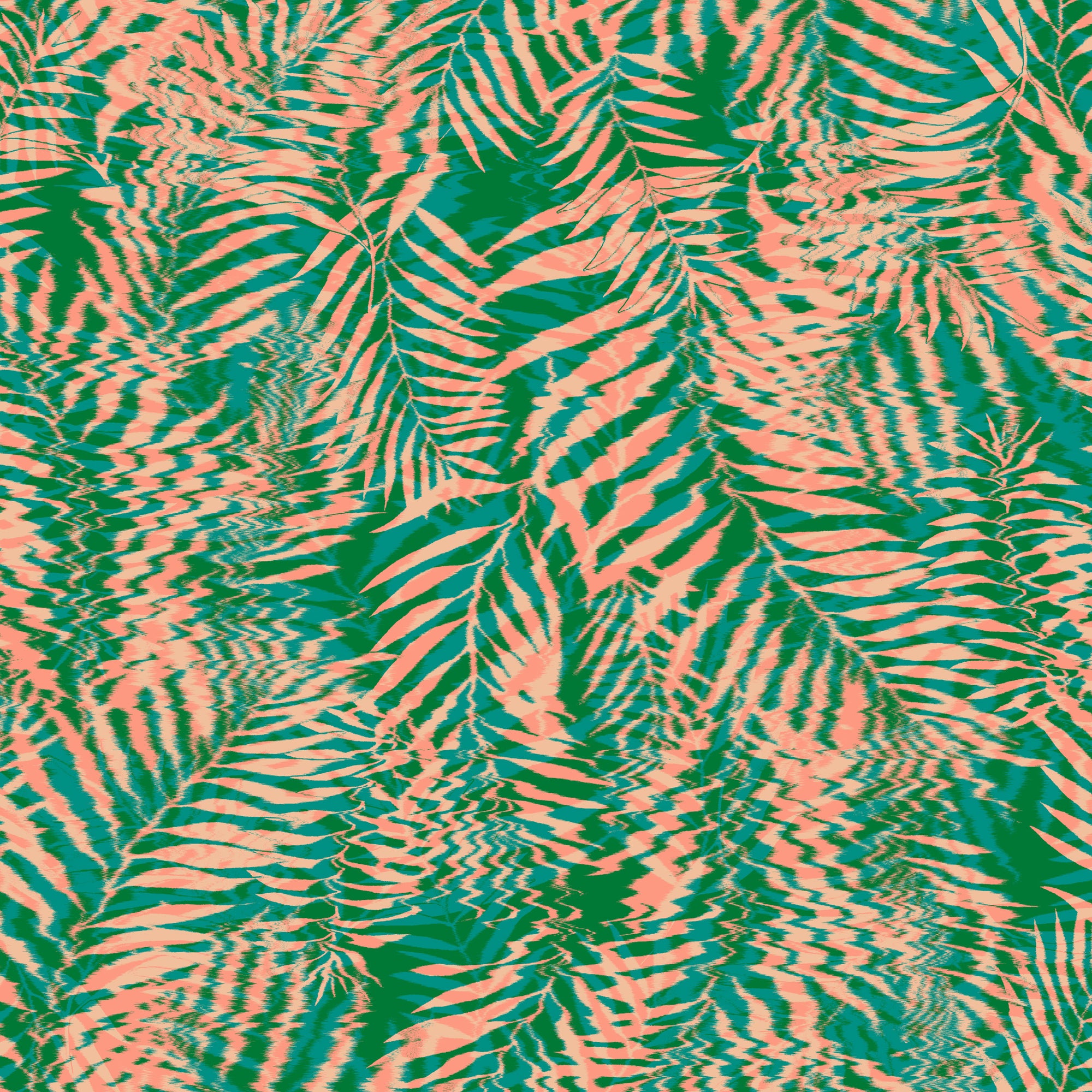 Bold emerald green and warm coral tropical leaf wallpaper with a wavy, distorted effect for a dynamic, modern jungle aesthetic.