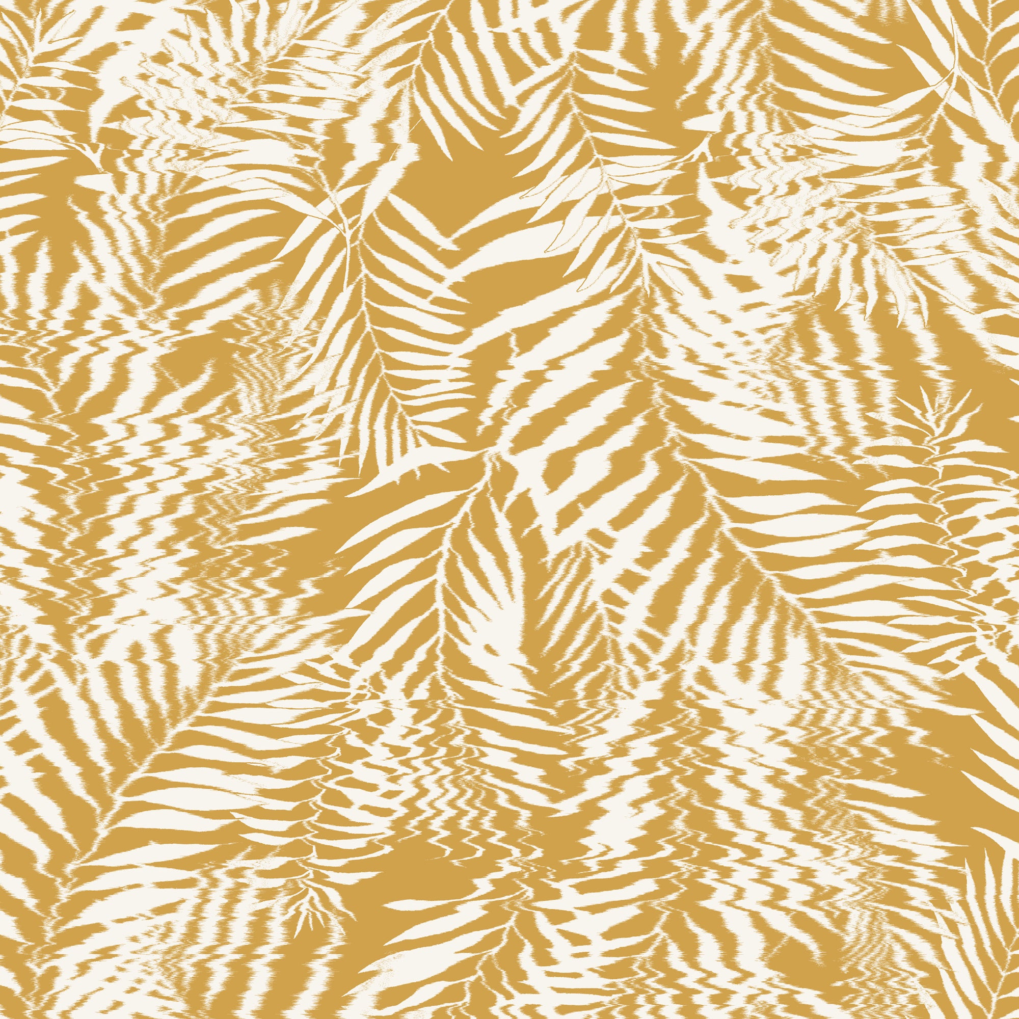 Golden yellow and white palm leaf wallpaper featuring a nature-inspired ripple effect, adding subtle movement to the design.