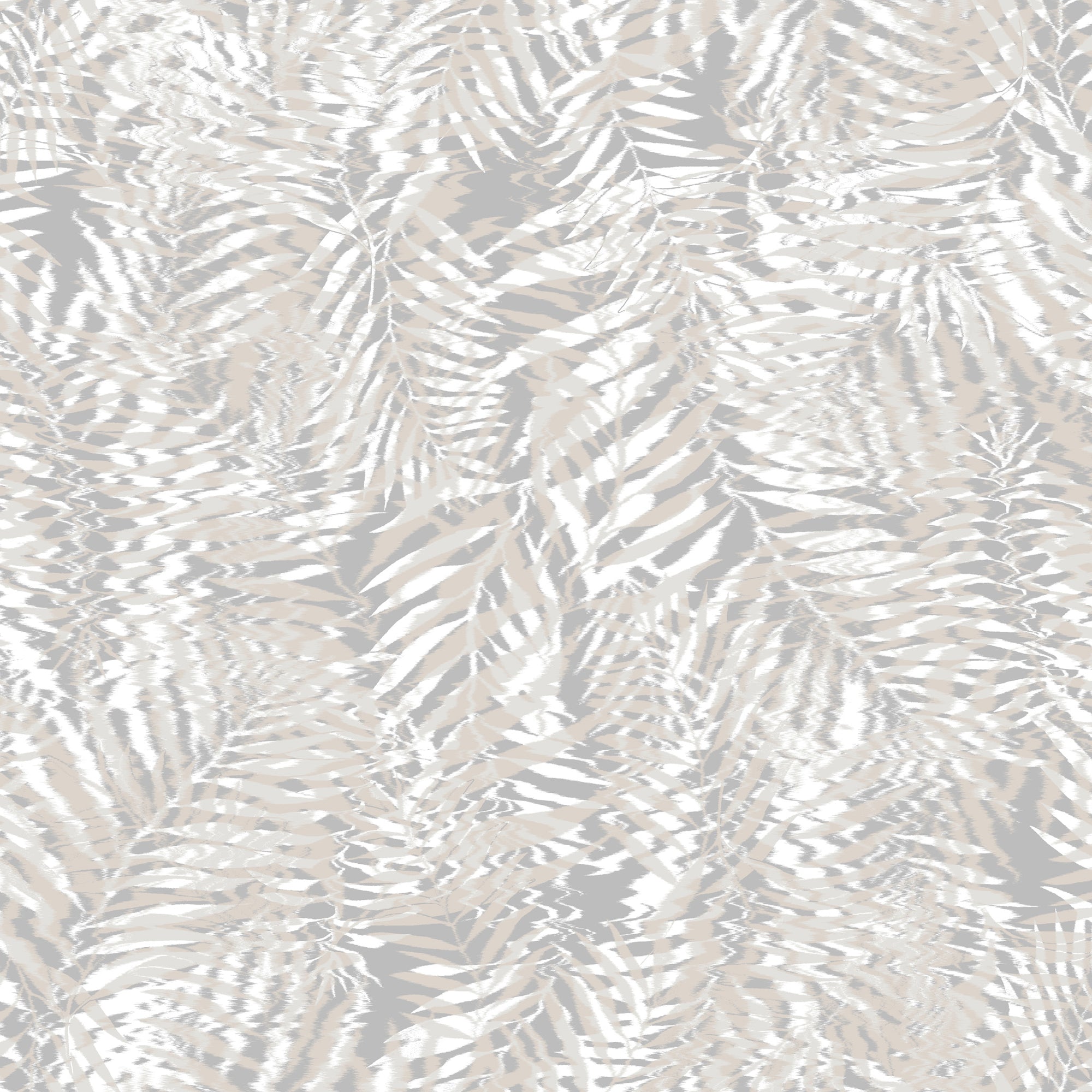 Grey and white tropical palm leaf wallpaper with a soft, undulating ripple effect across the foliage design.