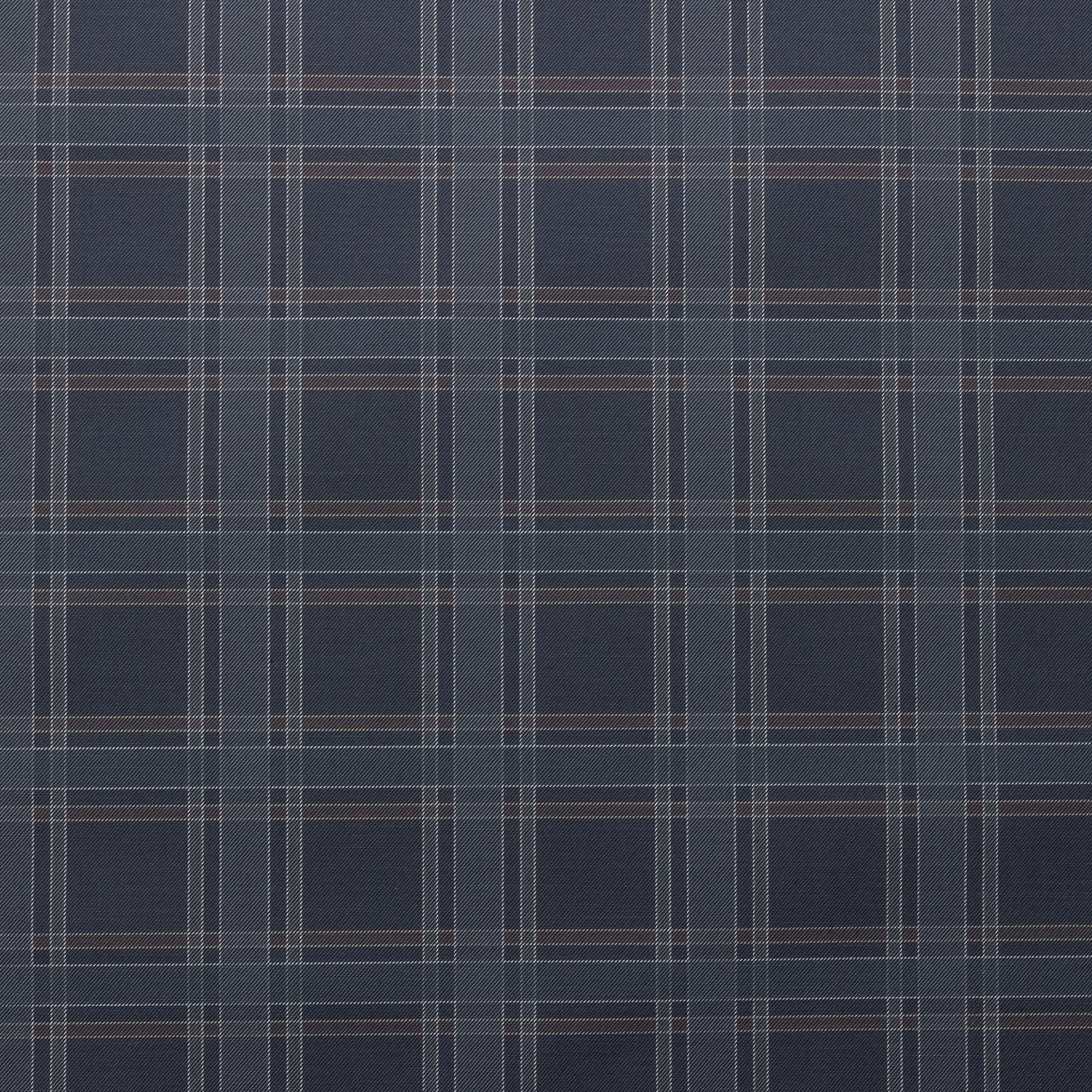 Flat lay of dark plaid linen wallpaper with a grid pattern of thin white, grey, and brown lines on a rich charcoal background.