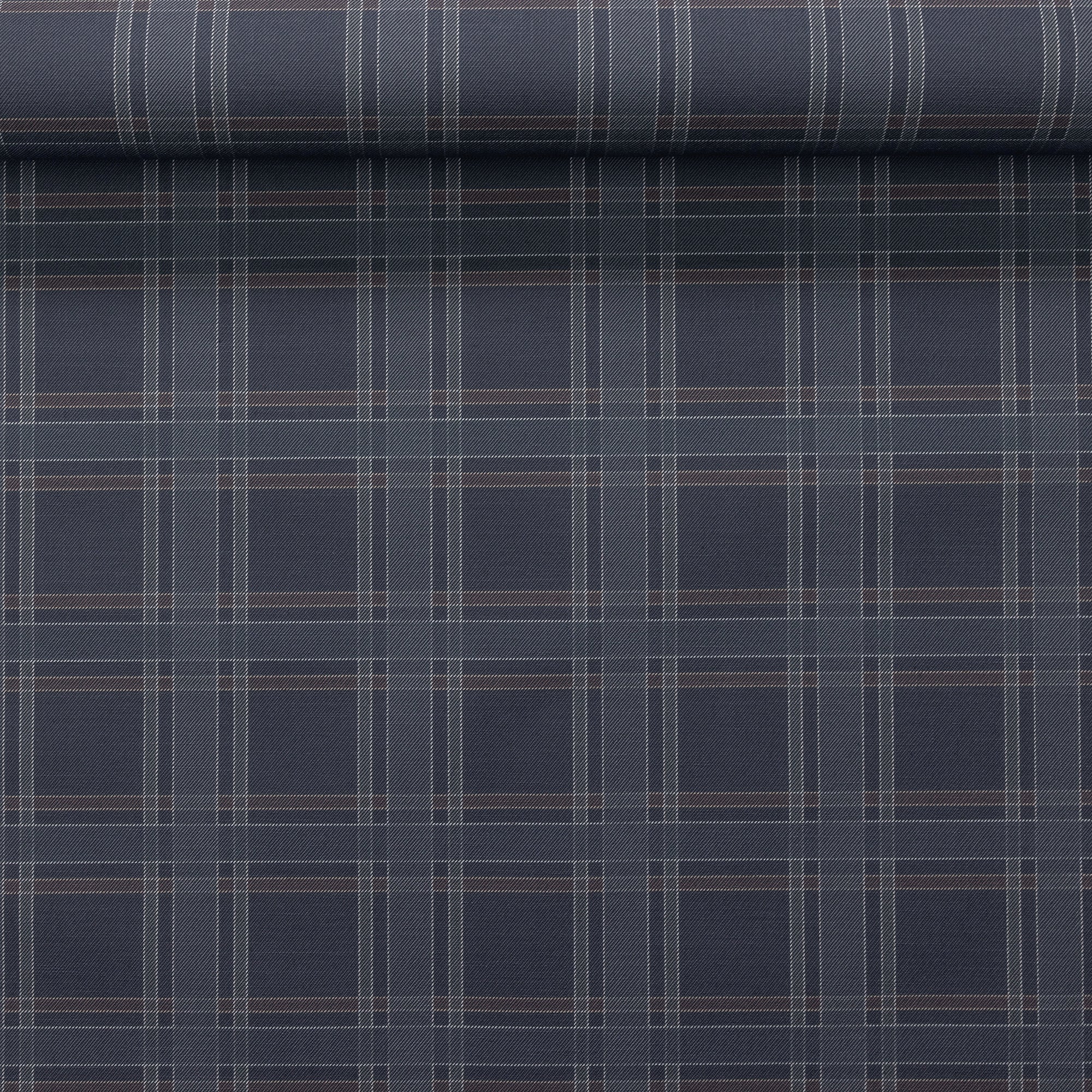 Partially unrolled charcoal plaid linen wallpaper with crisp plaid lines in brown and grey, showcasing its structured pattern and textile-like surface.