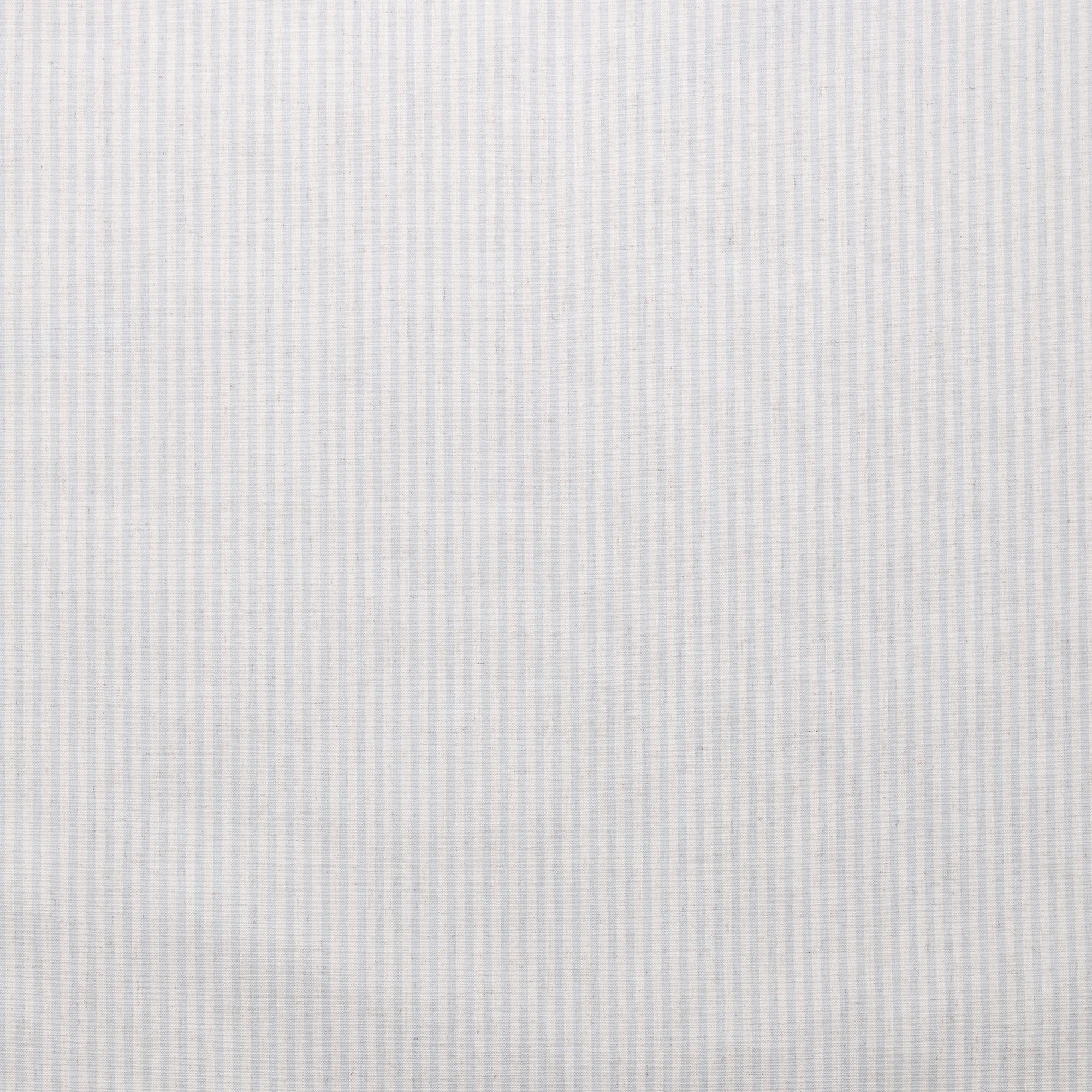 Flat view of wallpaper featuring evenly spaced light blue and off-white vertical stripes with a natural, woven appearance