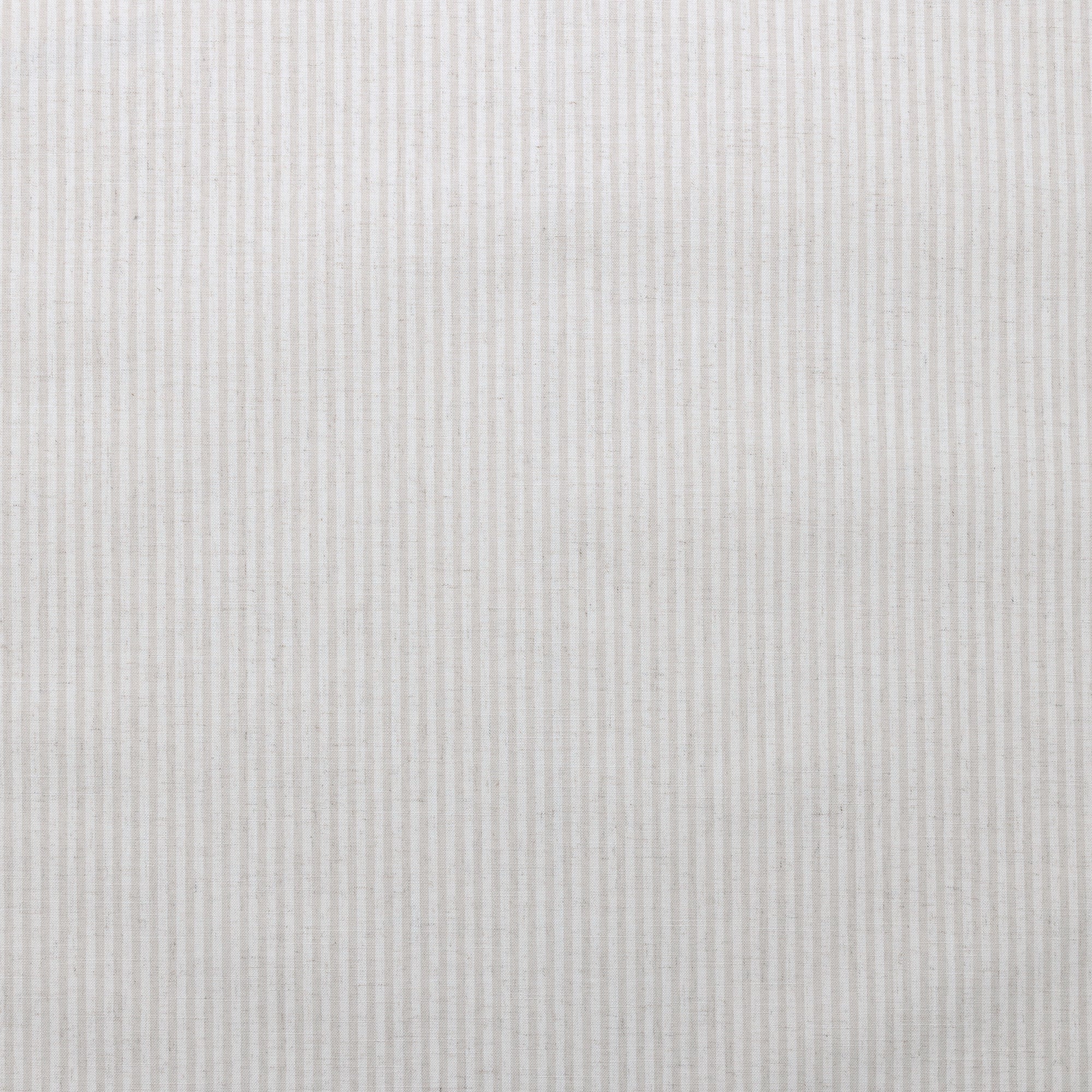 Flat view of striped wallpaper in neutral beige and cream tones with a woven, fabric linen texture.