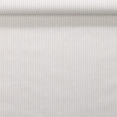 Rolled real linen wallpaper showcasing fine vertical stripes in light beige and white.