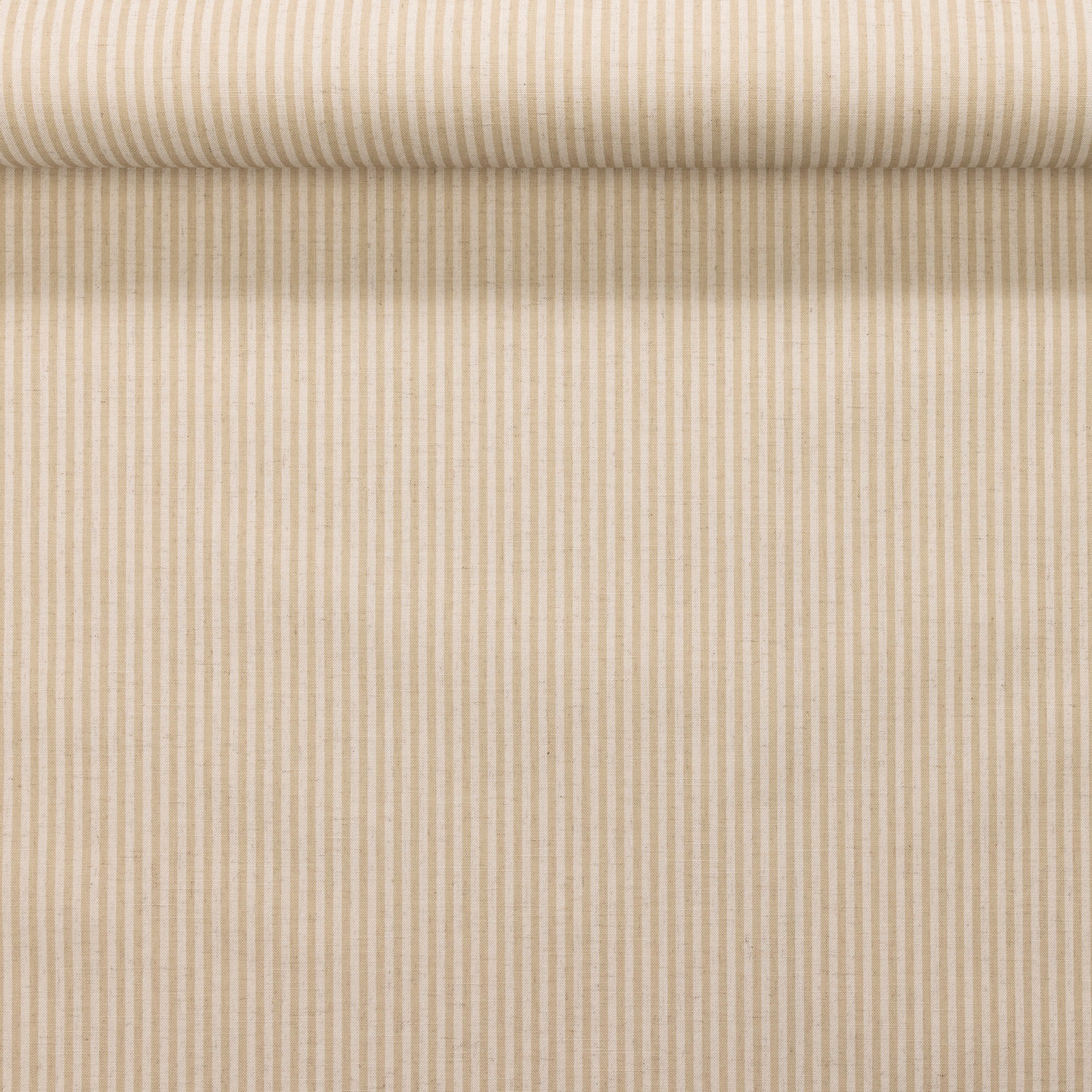 Rolled wallpaper displaying soft beige vertical stripes on a cream background,  woven linen fabric
