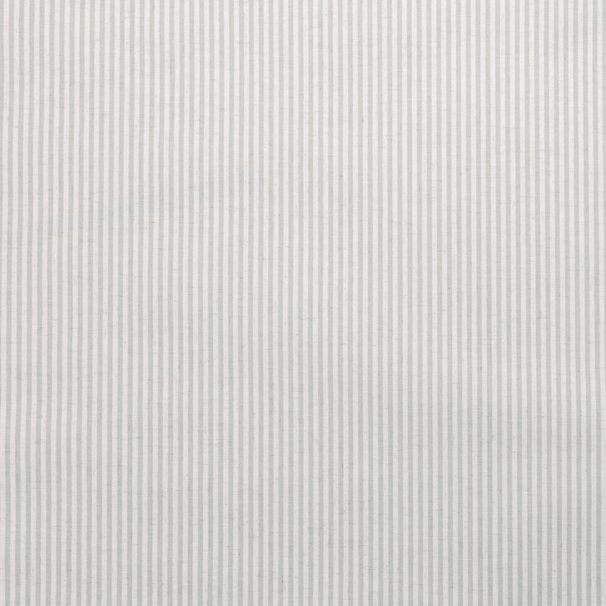 Flat view of vertical striped wallpaper in soft sage green and off-white tones, printed on a linen wallpaper.