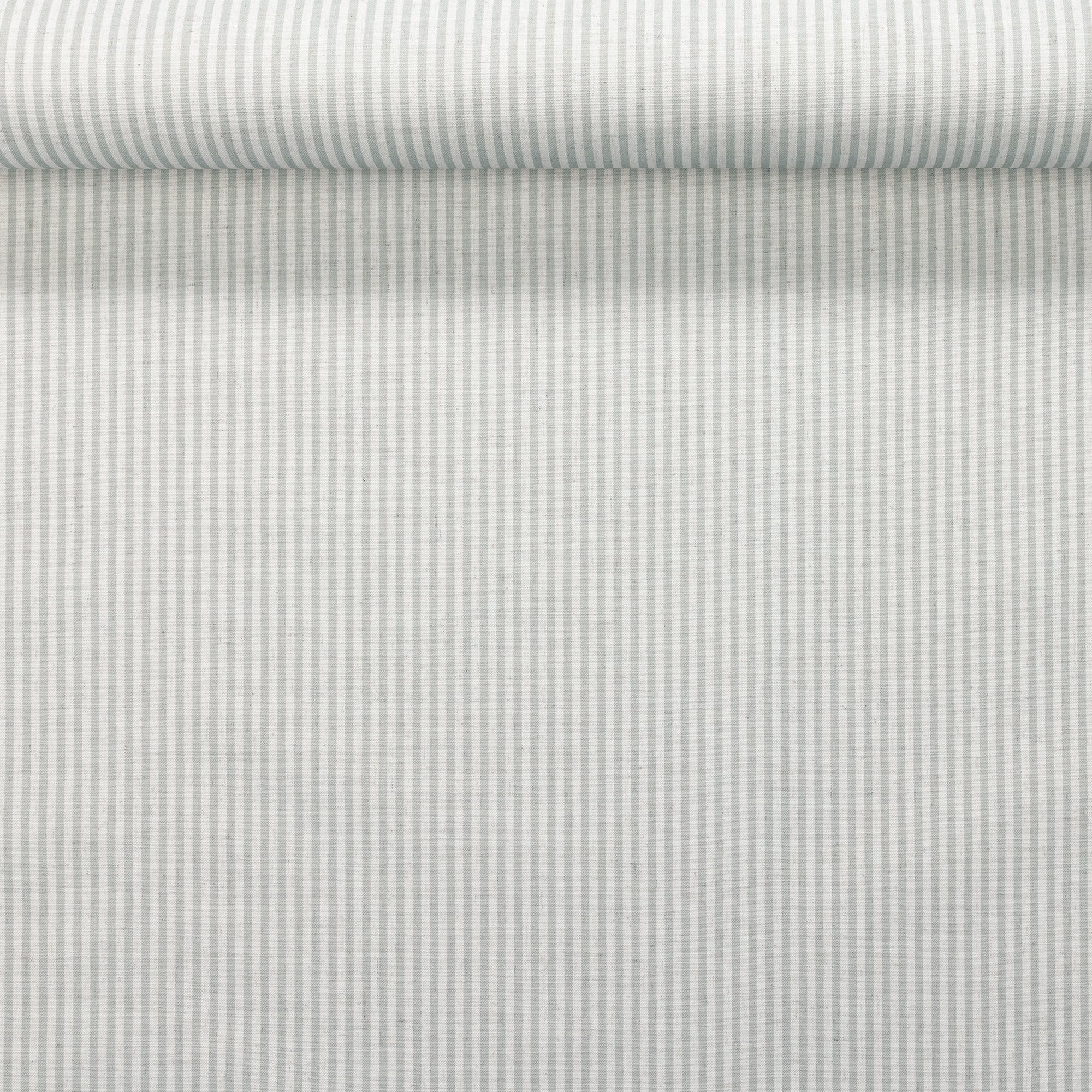 Rolled wallpaper showing delicate sage green and ivory stripes with a woven fabric-inspired finish of real linen.