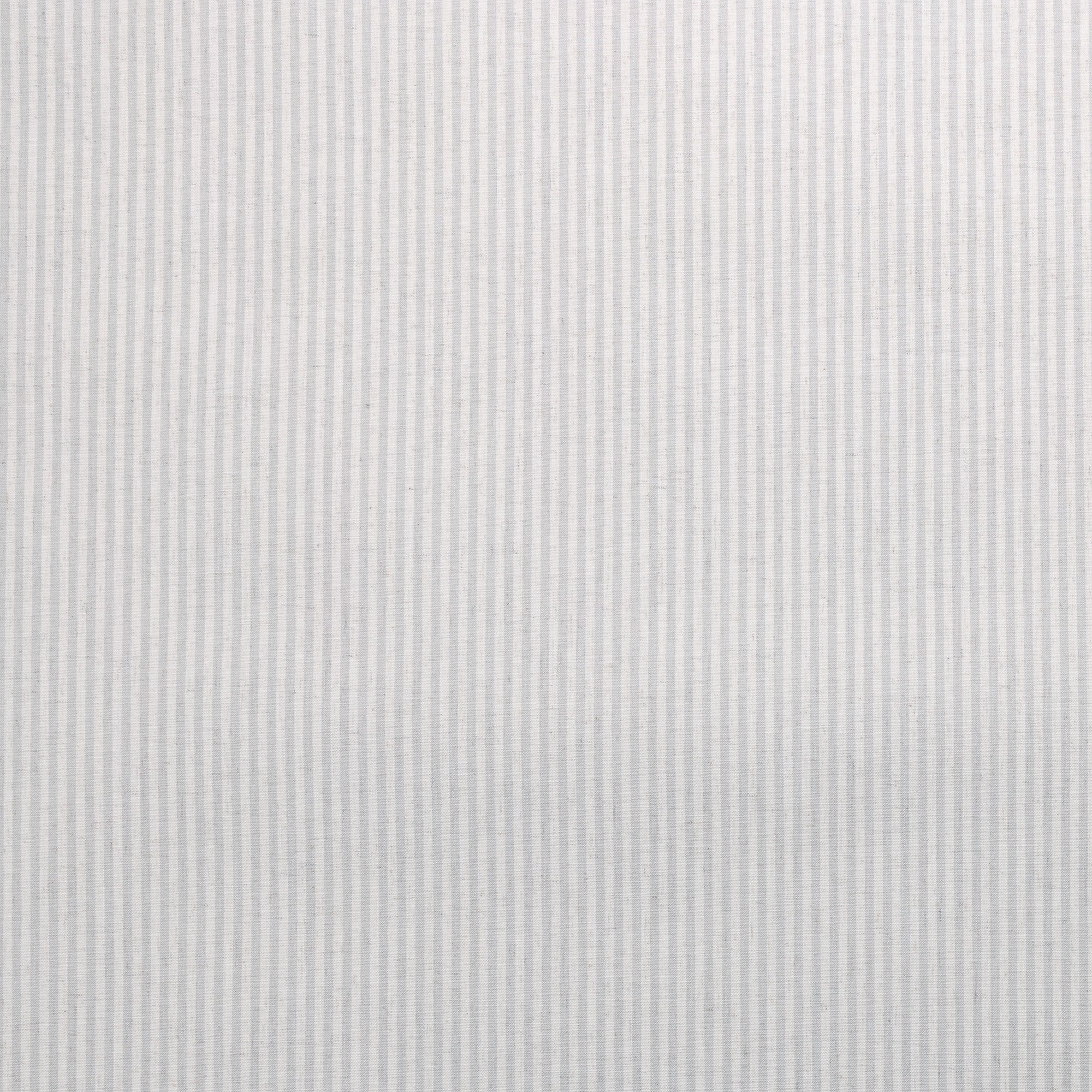 Flat view of pale grey and white vertically striped wallpaper with a soft linen texture.