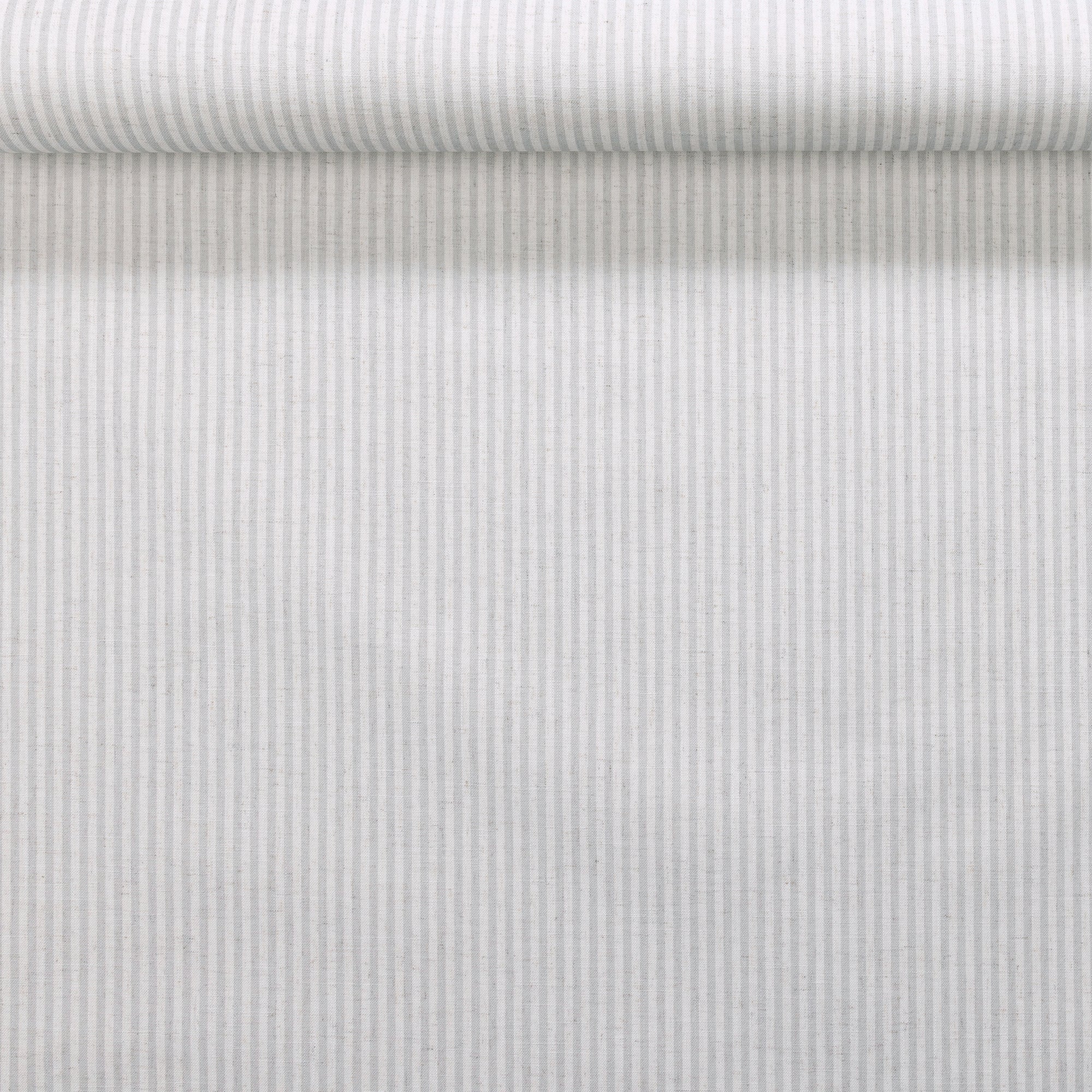 Rolled linen wallpaper with subtle vertical stripes in cool grey and ivory tones.
