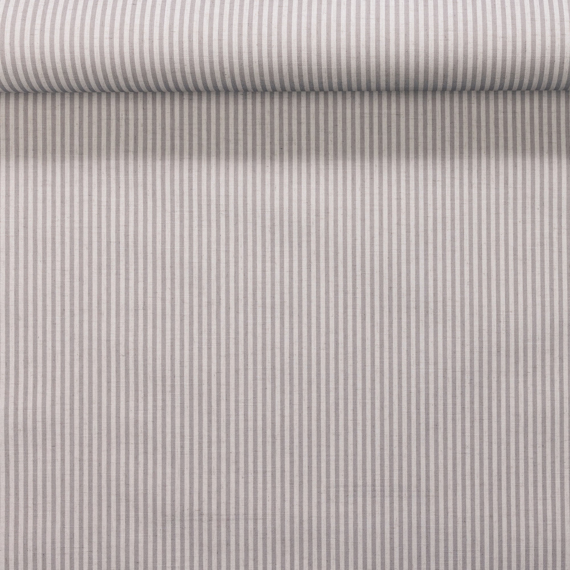 Rolled linen wallpaper showing narrow dark grey and off-white stripes.