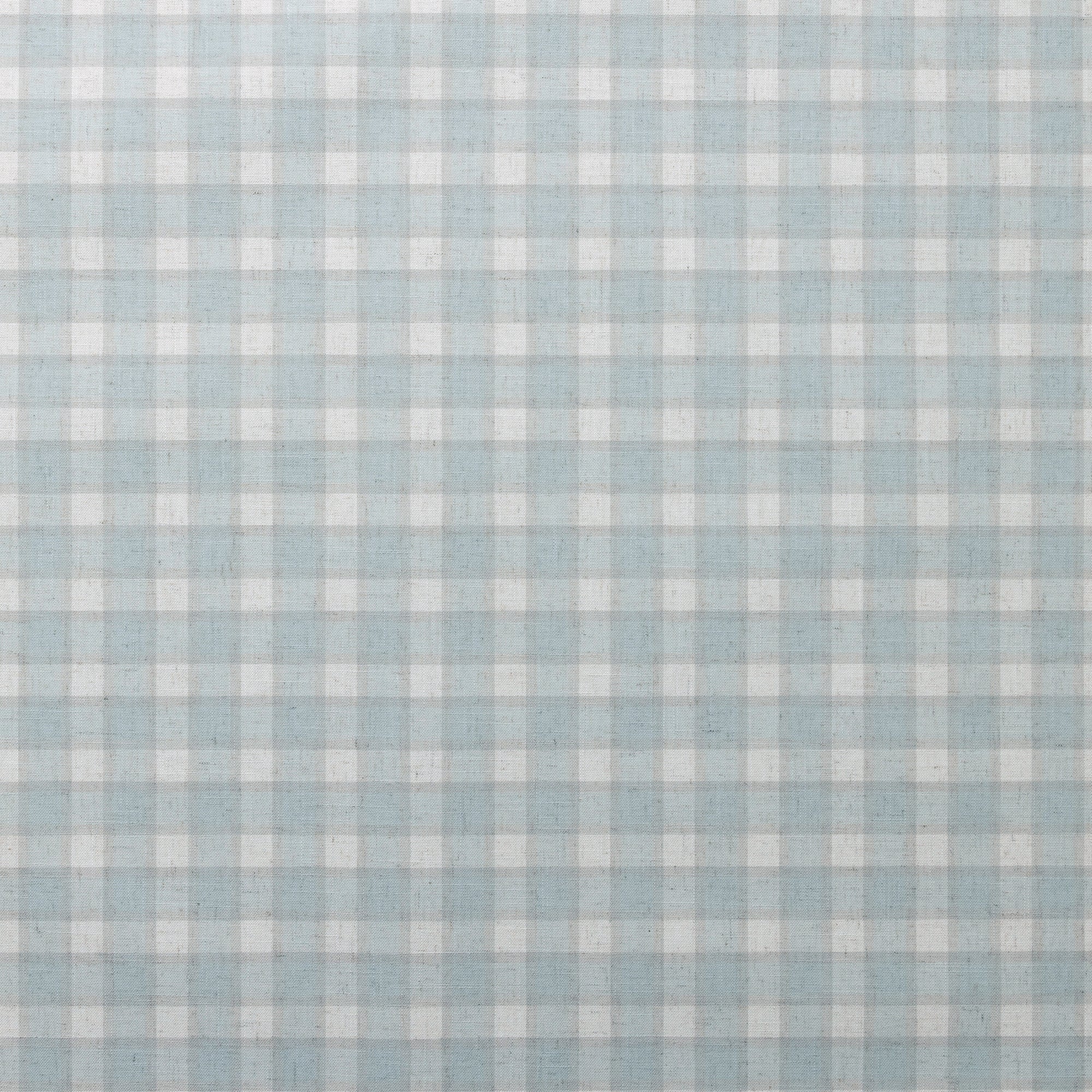 Full view of vintage plaid check wallpaper in muted blue and white, highlighting the evenly spaced check pattern and subtle linen texture.