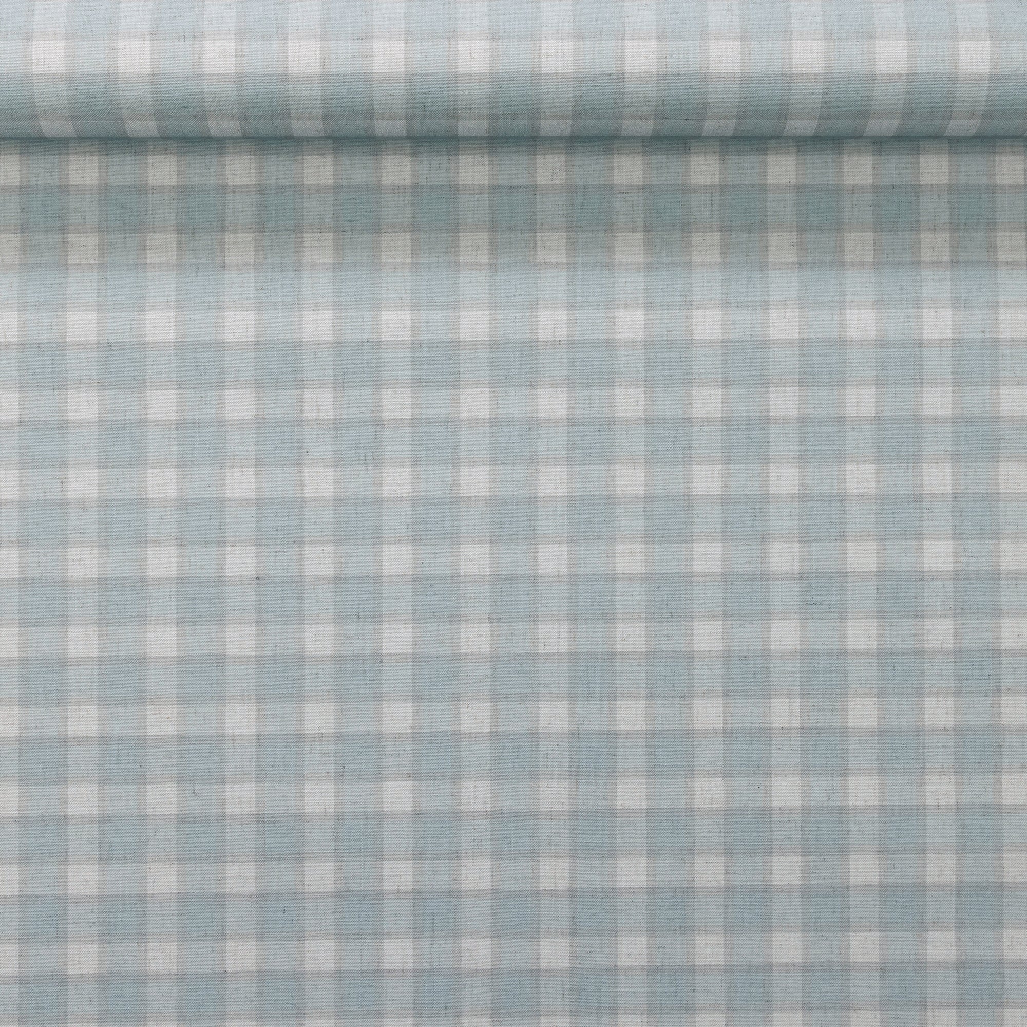Rolled section of vintage plaid check wallpaper in soft blue and white, showing the texture and alignment of the pattern.