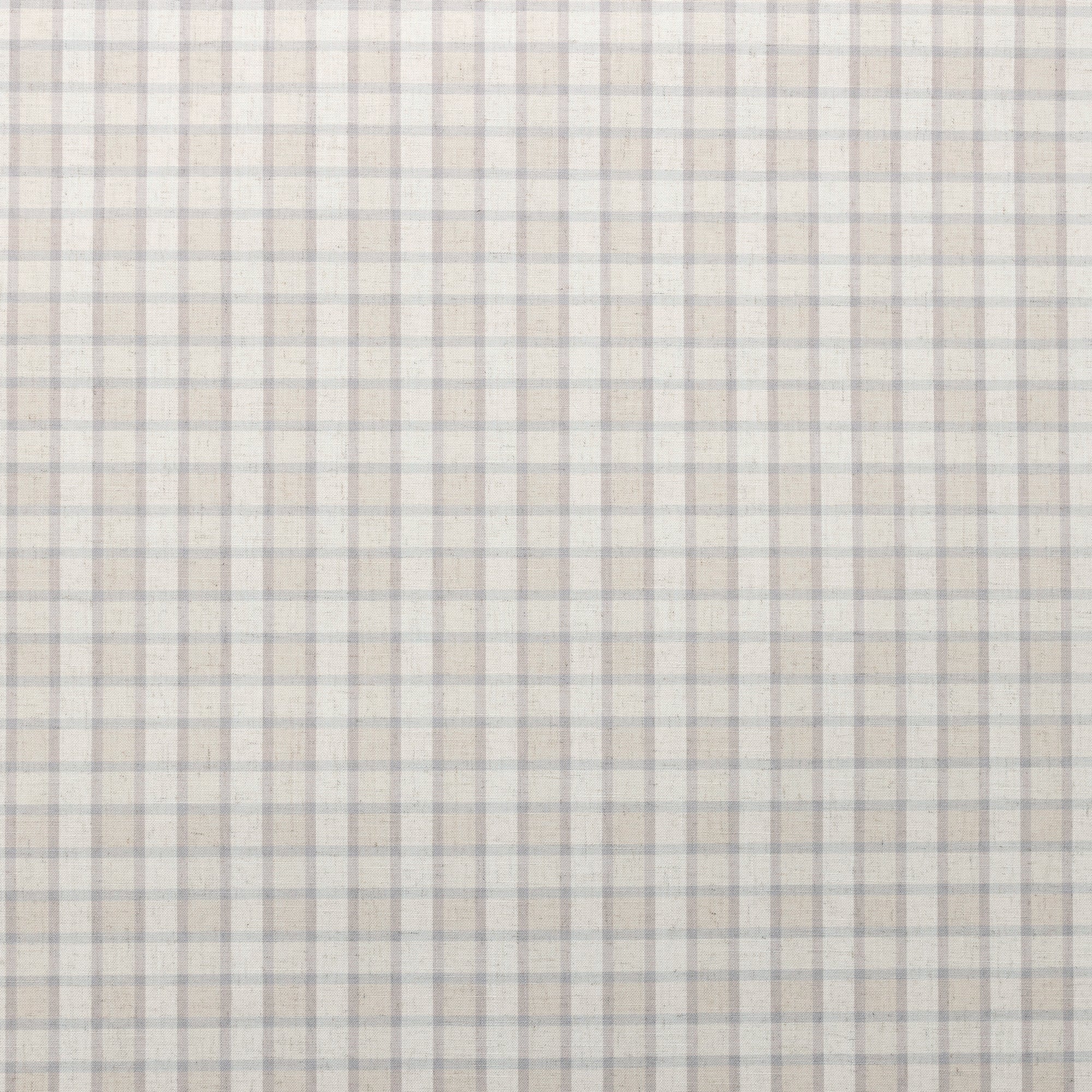 Flat view of linen wallpaper featuring a subtle vintage plaid check in muted beige and grey-blue.