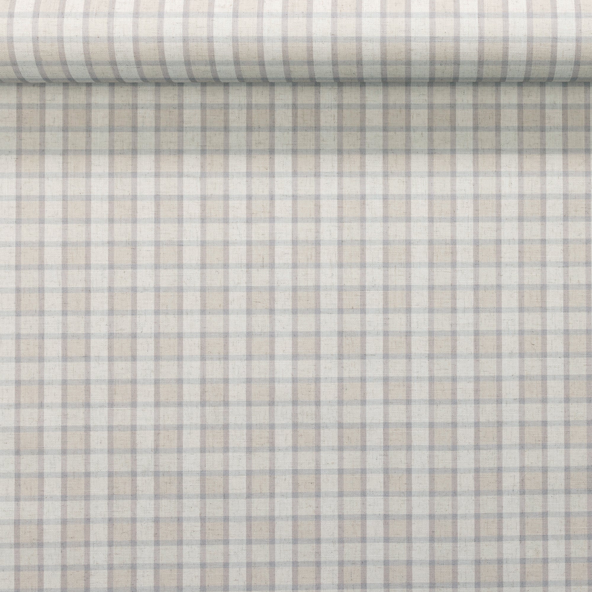 Rolled section of wallpaper showing vintage plaid check pattern in beige and grey-blue on a natural linen.