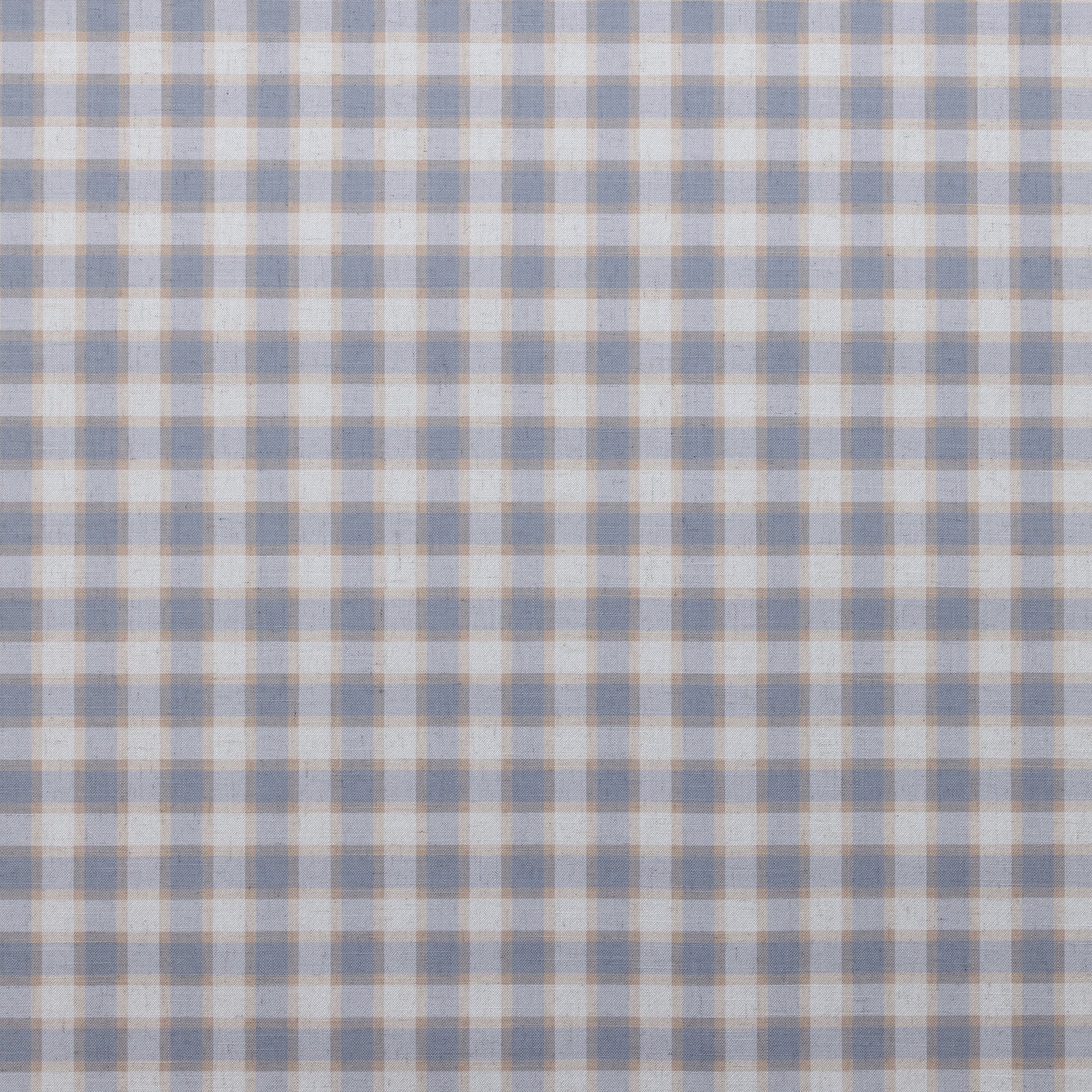 Flat view of vintage-style plaid check wallpaper featuring a repeating pattern in blue and beige on linen.