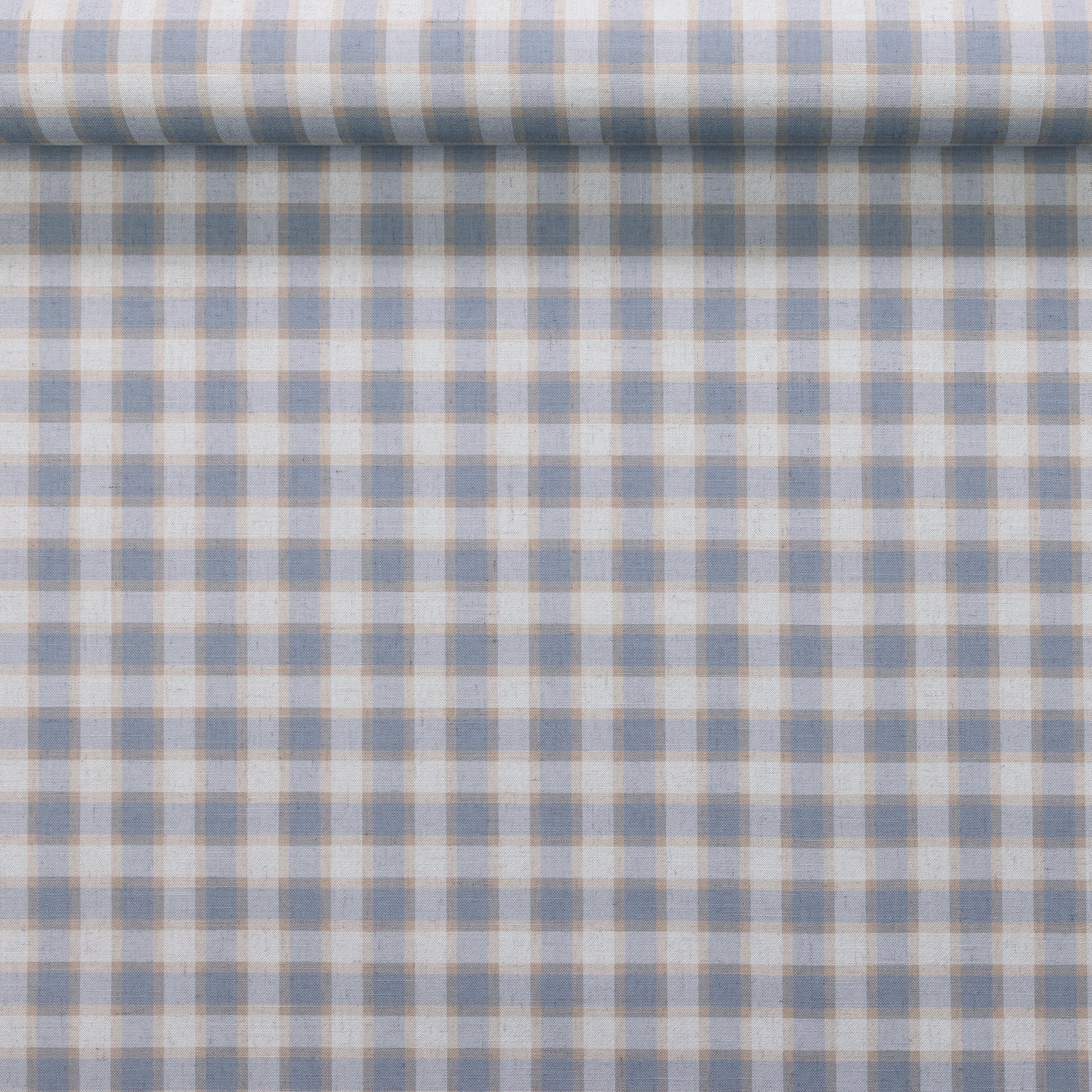 Rolled wallpaper showcasing the vintage plaid check pattern in muted blue and beige on a fabric linen texture.