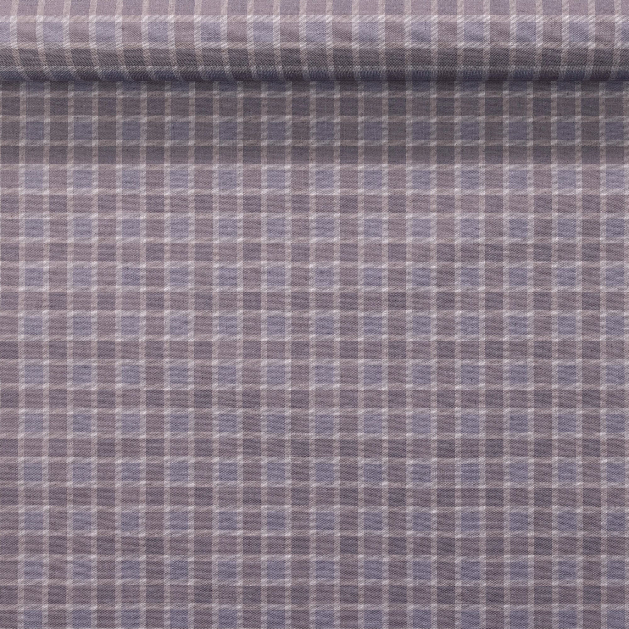 Rolled wallpaper sample displaying a vintage plaid check in dusty lavender and taupe with a refined linen texture.