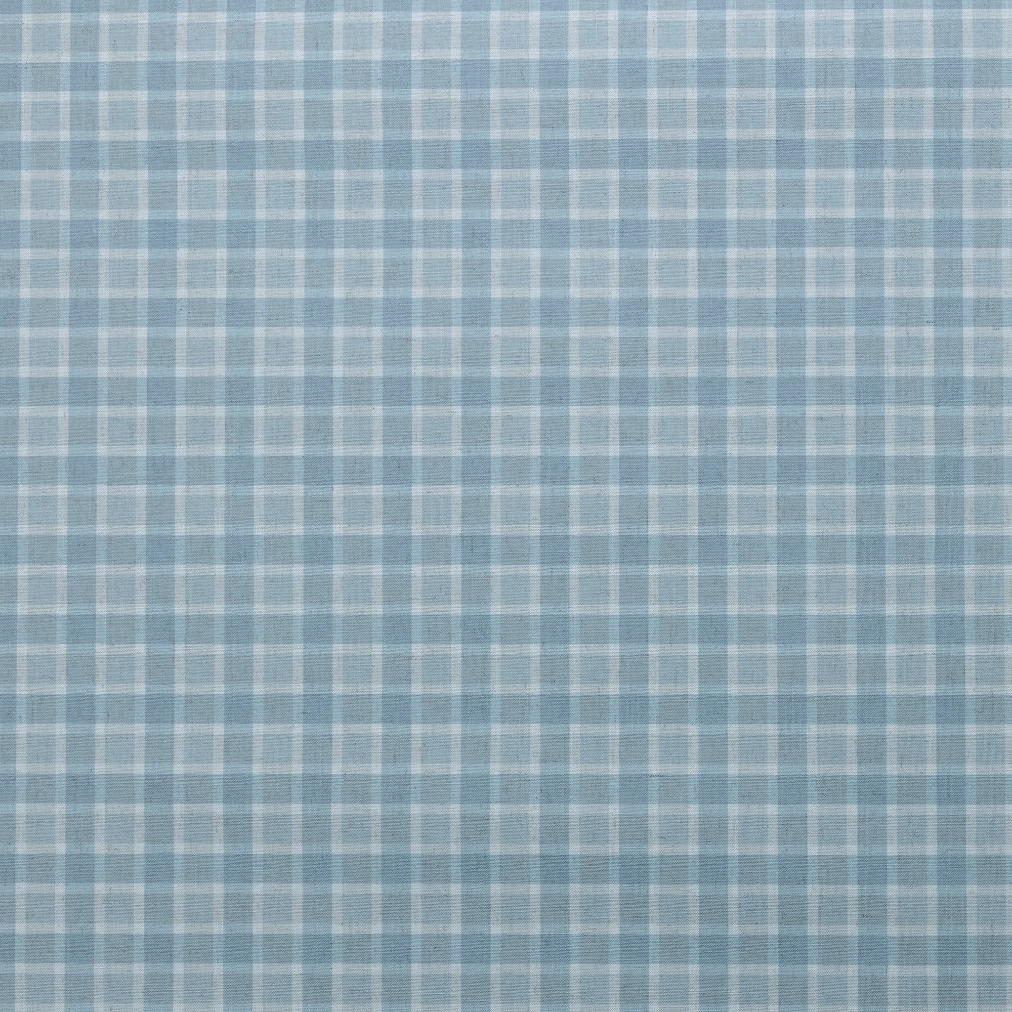 Flat view of linen wallpaper featuring a classic vintage plaid check pattern in dusty blue and white.