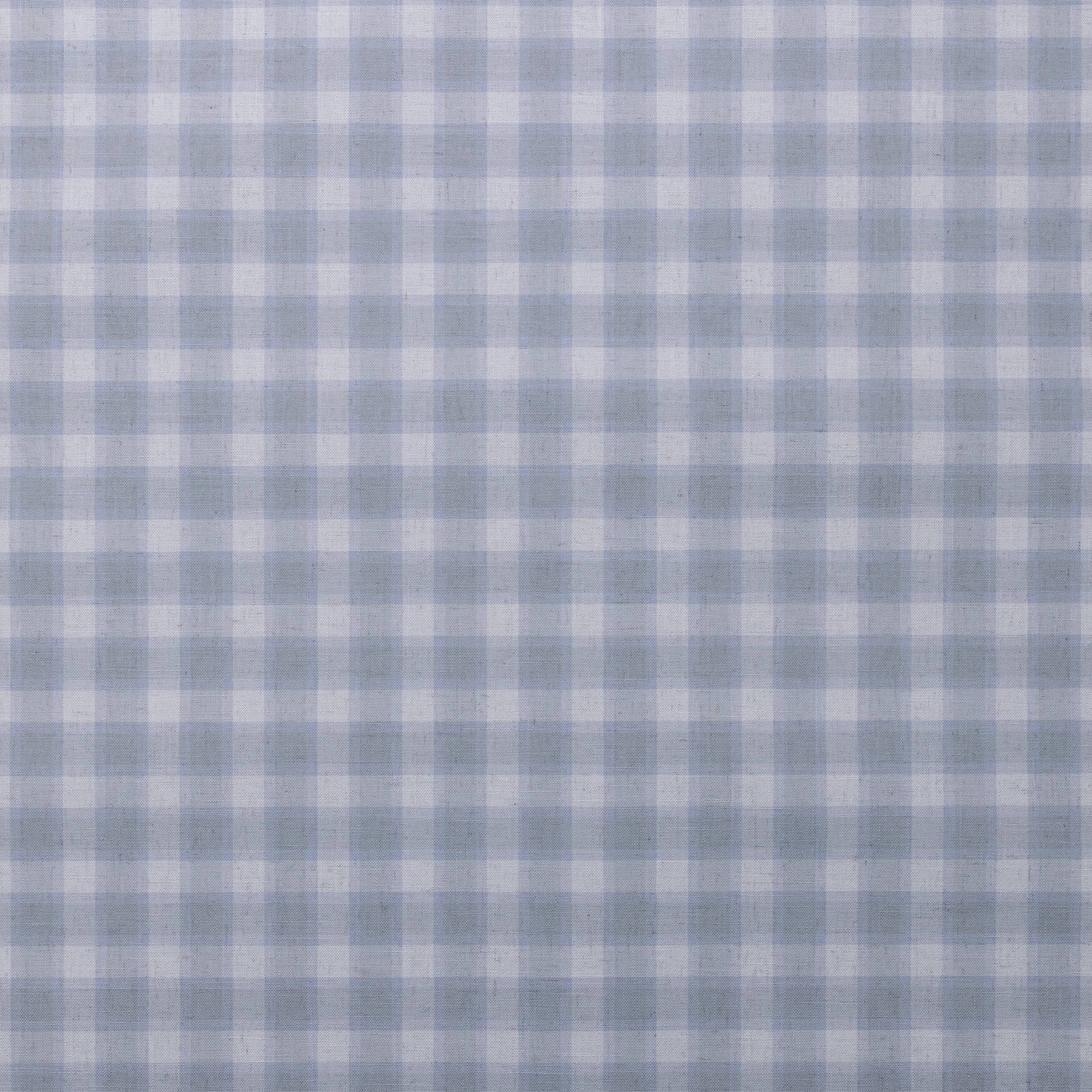 Flat view of linen wallpaper featuring a classic vintage plaid check pattern in periwinkle and white.
