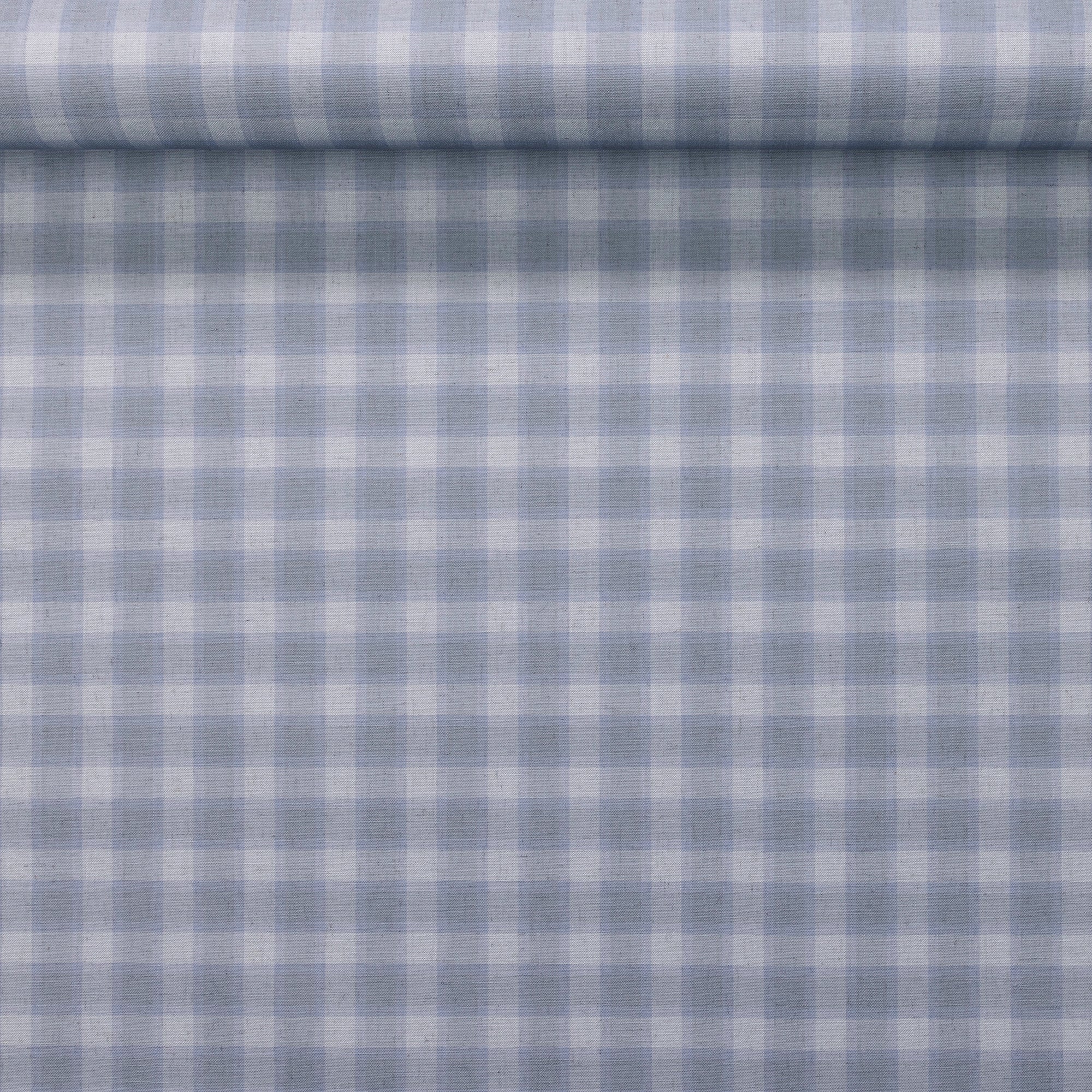 Rolled wallpaper sample showcasing vintage plaid check pattern in soft periwinkle and white on a natural linen.