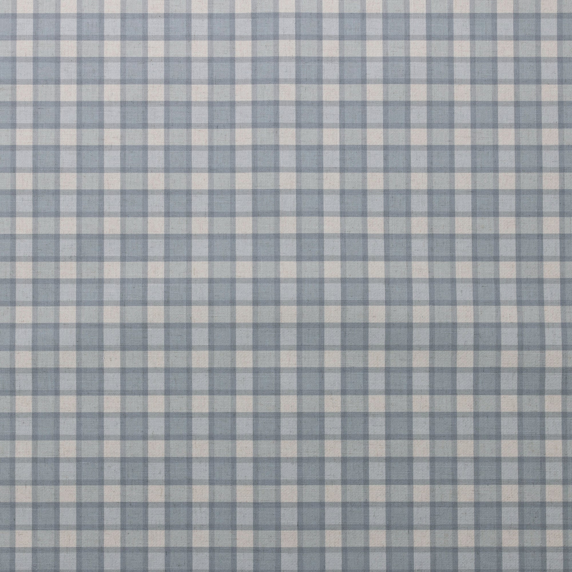 Flat view of linen wallpaper featuring a vintage plaid check pattern in blue and off-white.