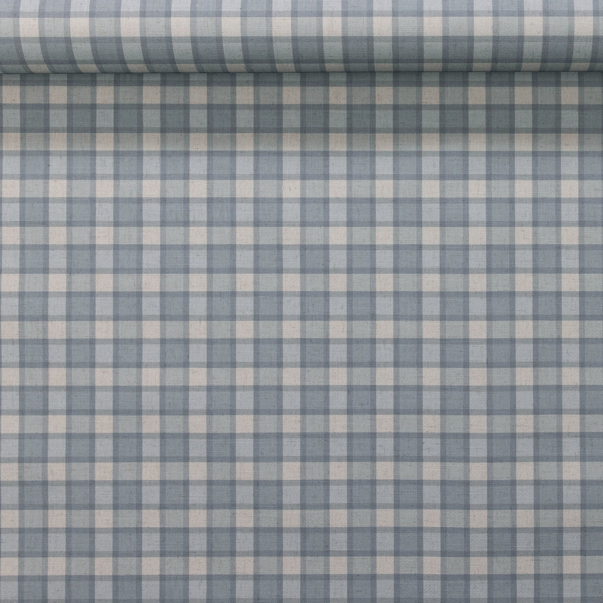 Rolled sample of vintage plaid check wallpaper in blue and ivory tones with visible linen texture and aligned pattern.