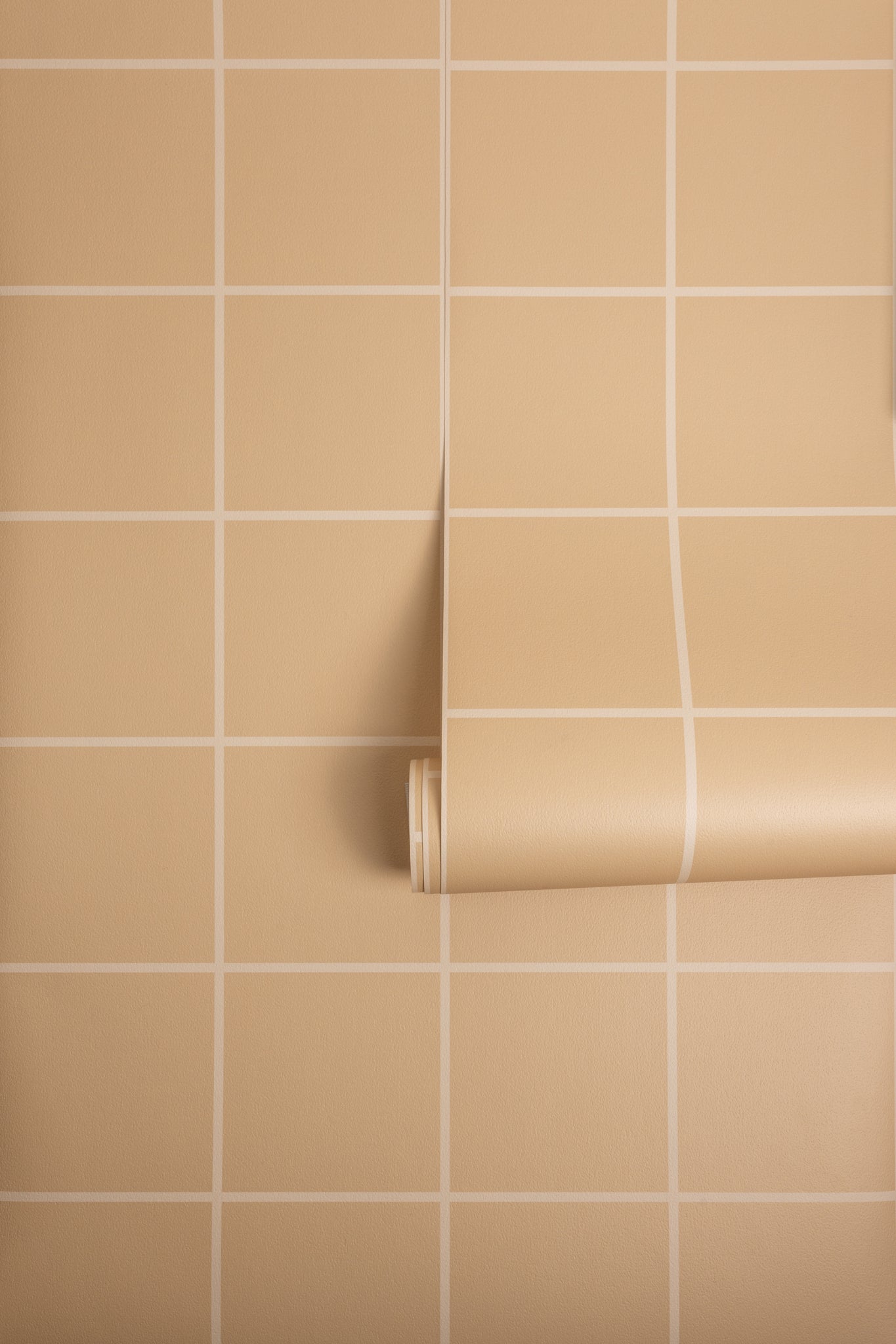 Overlapping rolled wallpaper panel design of a square grid pattern in neutral tones