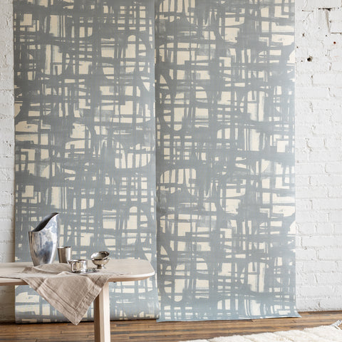 Poppy Monoprint Chambray Grasscloth Wallpaper - Soft Blue Modern Geometric Grasscloth Design, Styled for Minimalist and Contemporary Interiors