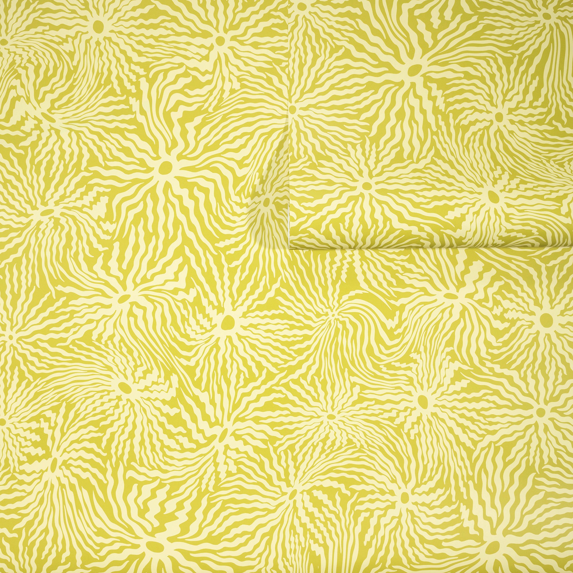 Vibrant yellow green wallpaper with an abstract swirling pattern of wavy cream colored lines radiating from circular centers, partially unrolled.