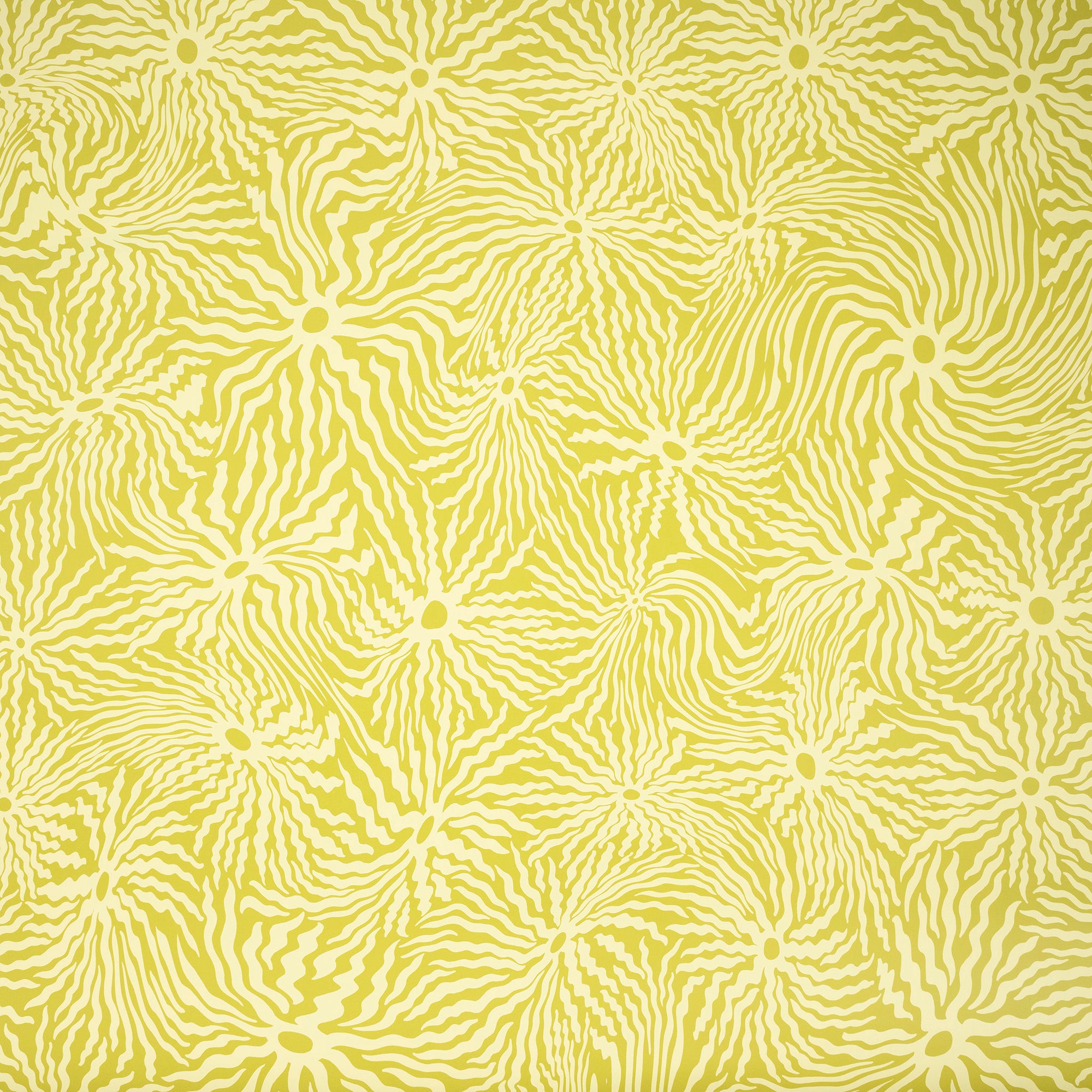 Close-up of bright green and yellow wallpaper featuring organic, wavy ighter colored lines forming a dynamic, floral-inspired pattern.