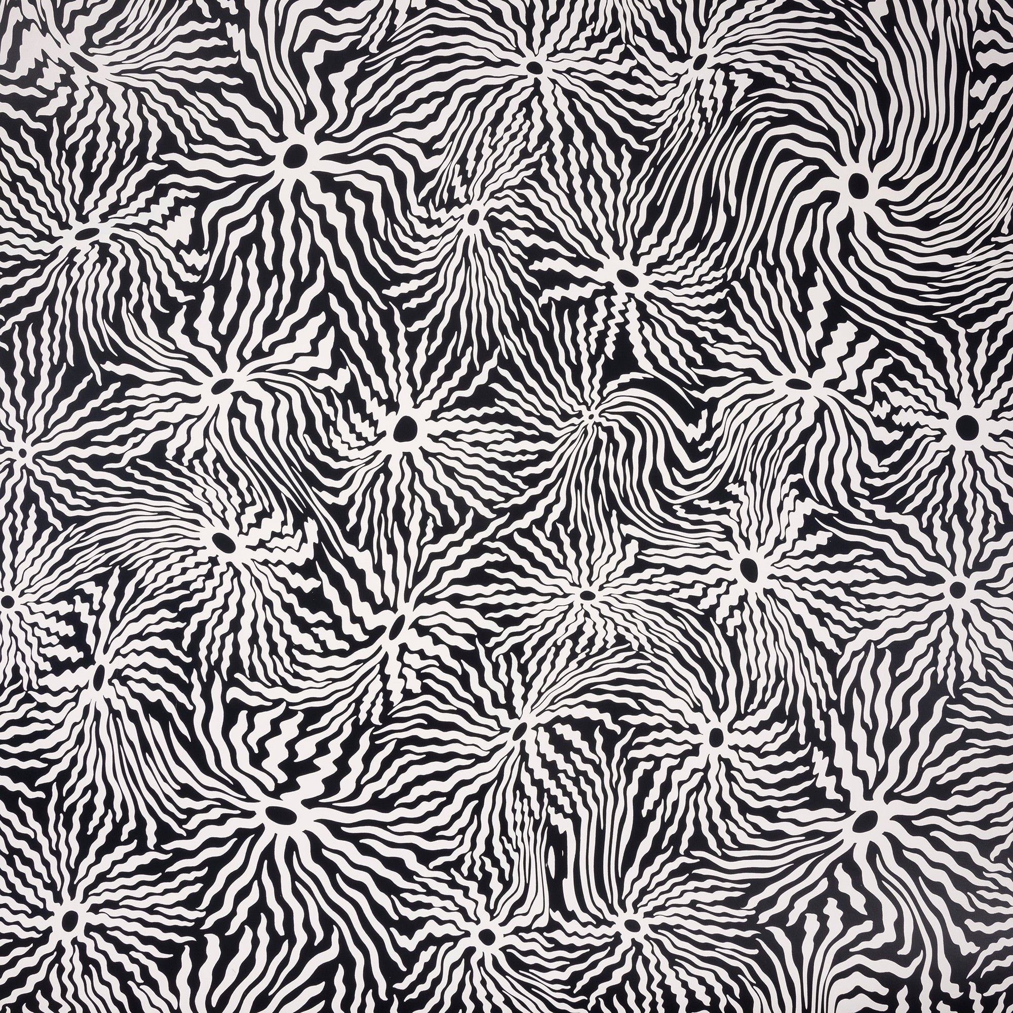Close-up of black and white wallpaper featuring intricate organic swirls, creating a high-contrast, modern look.