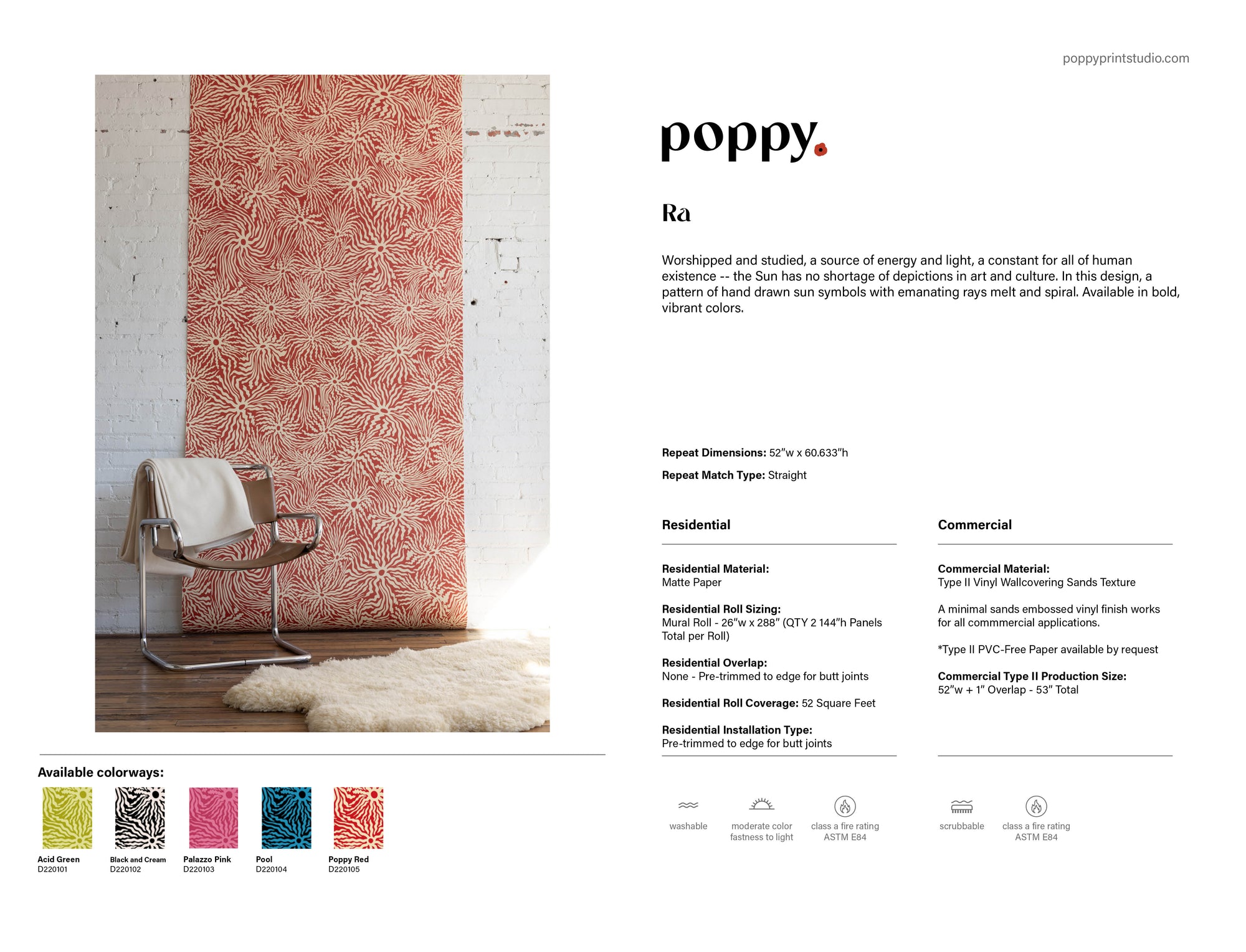 Product information sheet for "Ra" wallpaper by Poppy, featuring a bold, hand-drawn sunburst pattern in red and cream tones, displayed in a modern interior with a white brick wall, a minimalist chair, and a shag rug. Includes details on materials, sizing, and available color options.