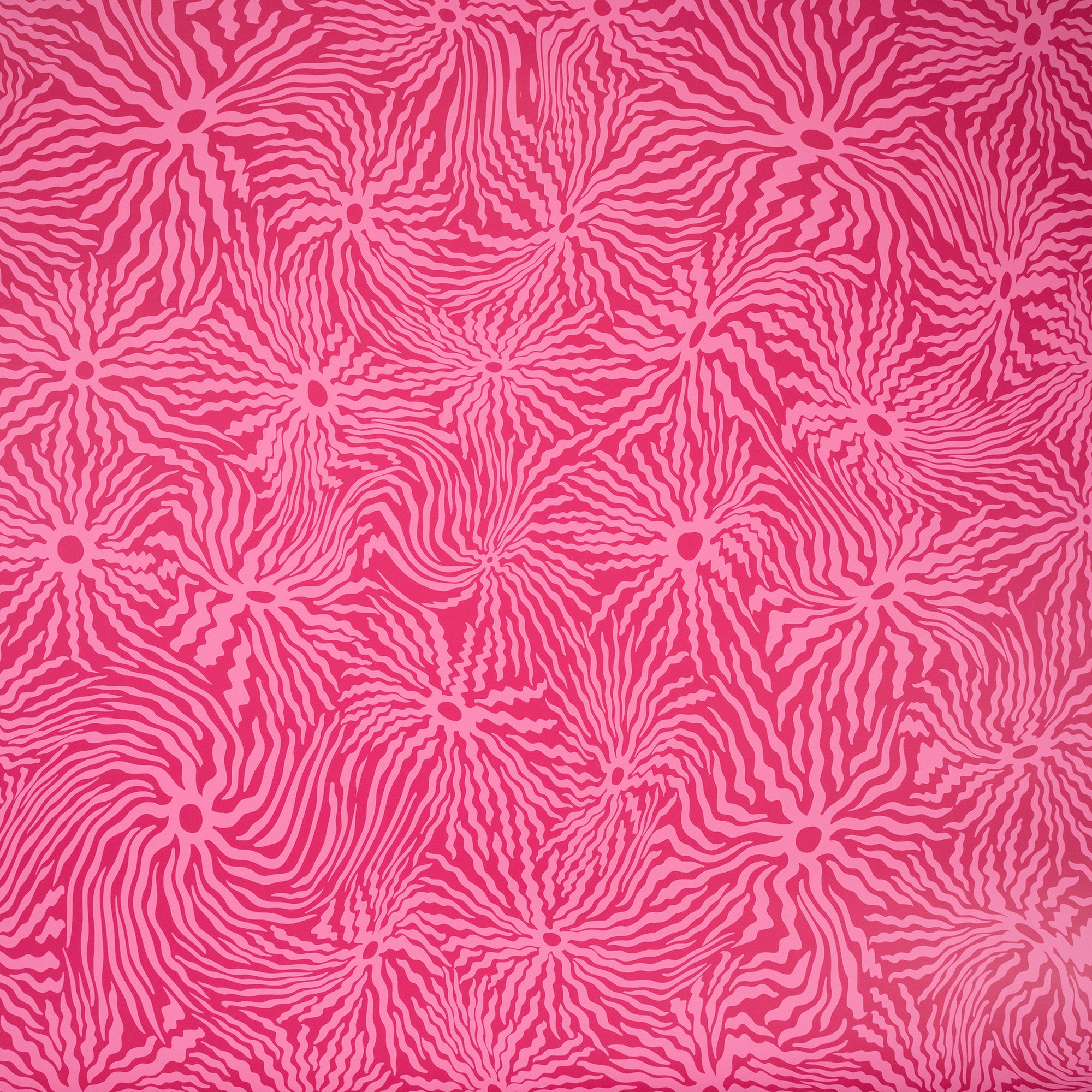 Close-up of pink wallpaper with an abstract organic pattern of undulating magenta lines, adding movement and vibrancy.