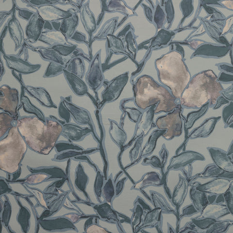Full view of a silk wallpaper with a detailed floral and leafy pattern in muted blue tones on a soft grayish-blue background, creating a painterly effect.