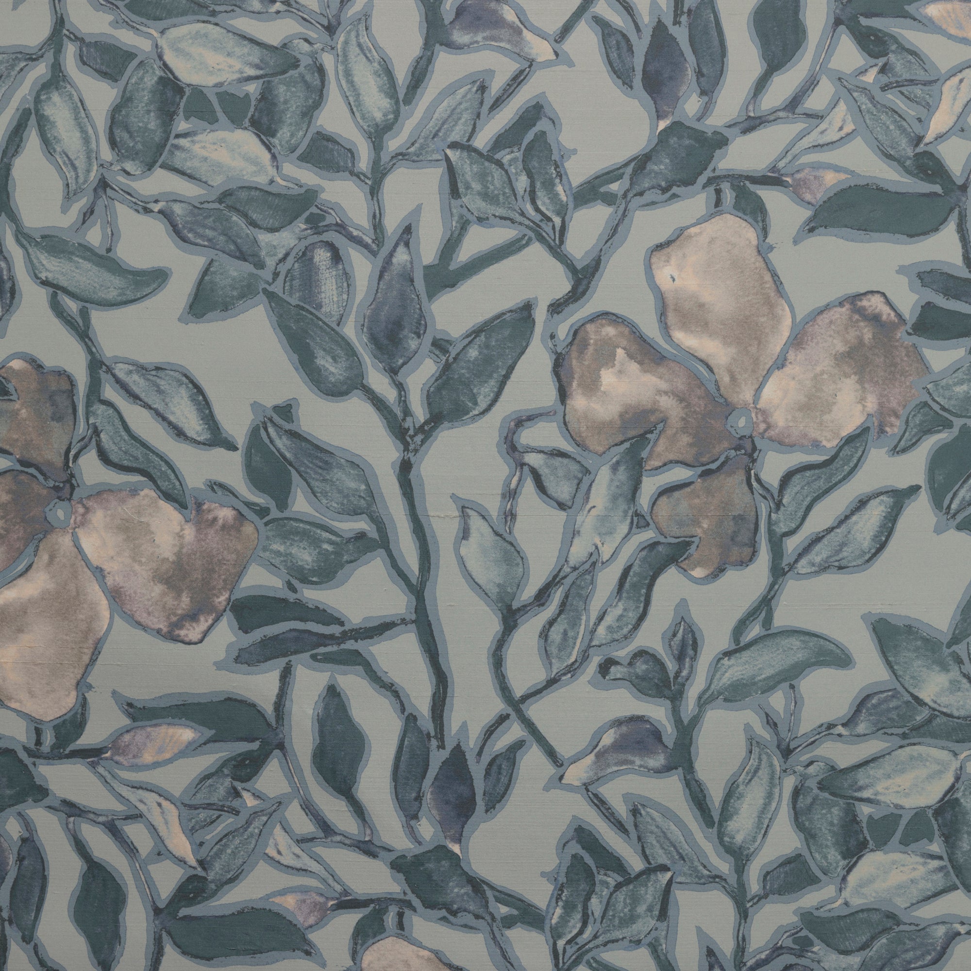 Full view of a silk wallpaper with a detailed floral and leafy pattern in muted blue tones on a soft grayish-blue background, creating a painterly effect.