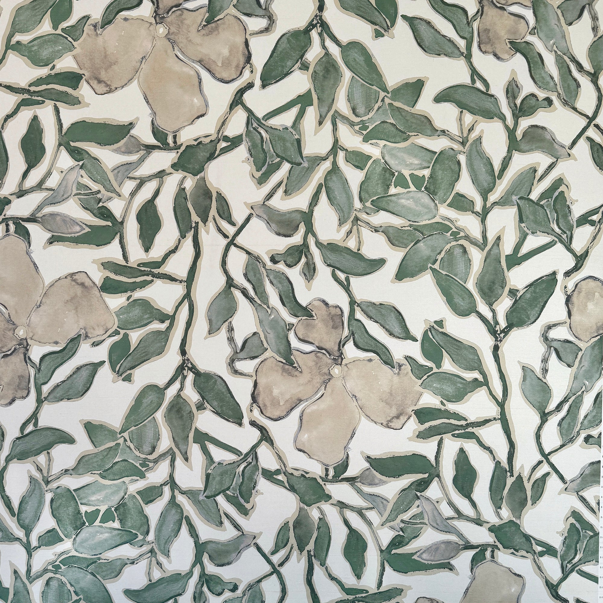 Silk wallpaper with a botanical design in green and beige tones, featuring hand-painted leaves and flowers on a light, neutral background.