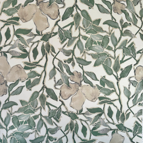 Silk wallpaper with a botanical design in green and beige tones, featuring hand-painted leaves and flowers on a light, neutral background.