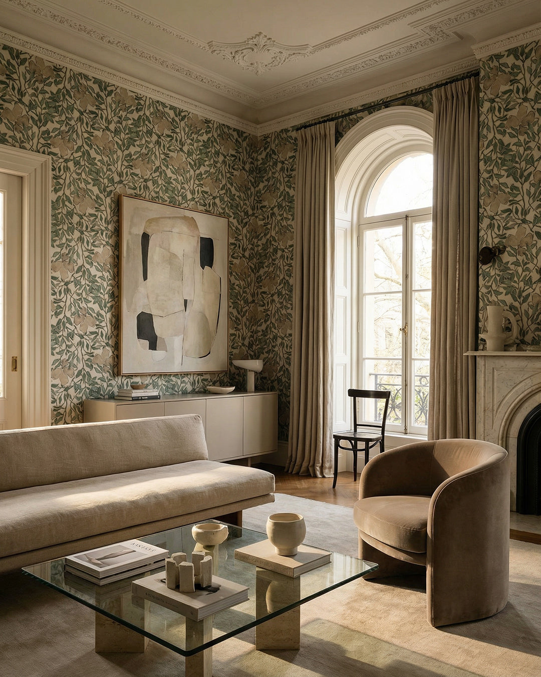 Flora Crème botanical wallpaper in a refined Parisian-style living room with ornate crown molding, arched windows, neutral linen furnishings, and a velvet accent chair — Poppy wallpaper
