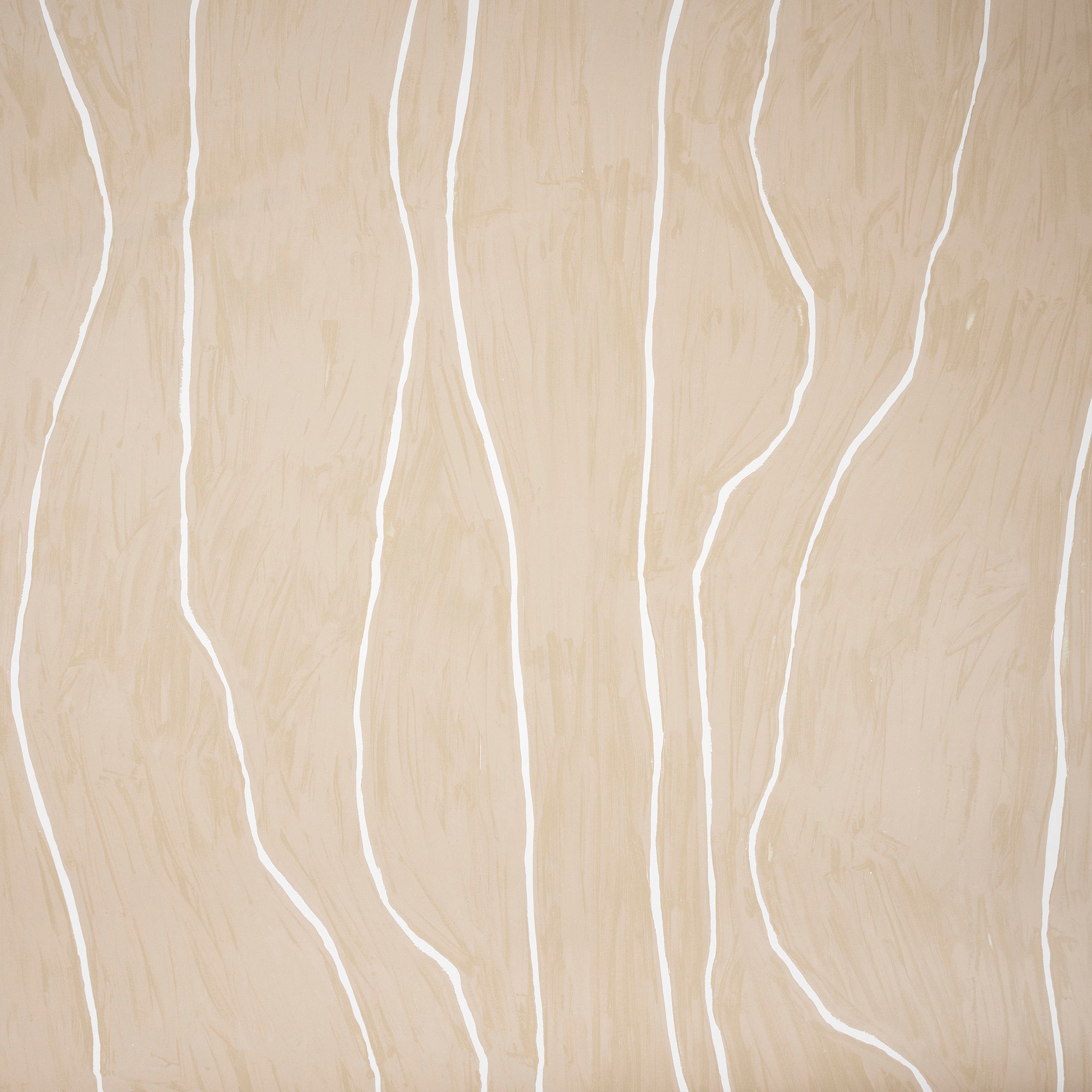 Close-up of beige wallpaper featuring flowing white vertical lines, creating a serene and contemporary look.