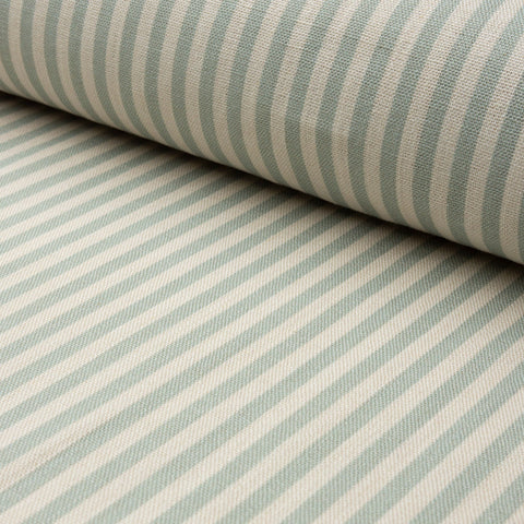 Sage green and cream striped linen fabric by the yard, rolled bolt view