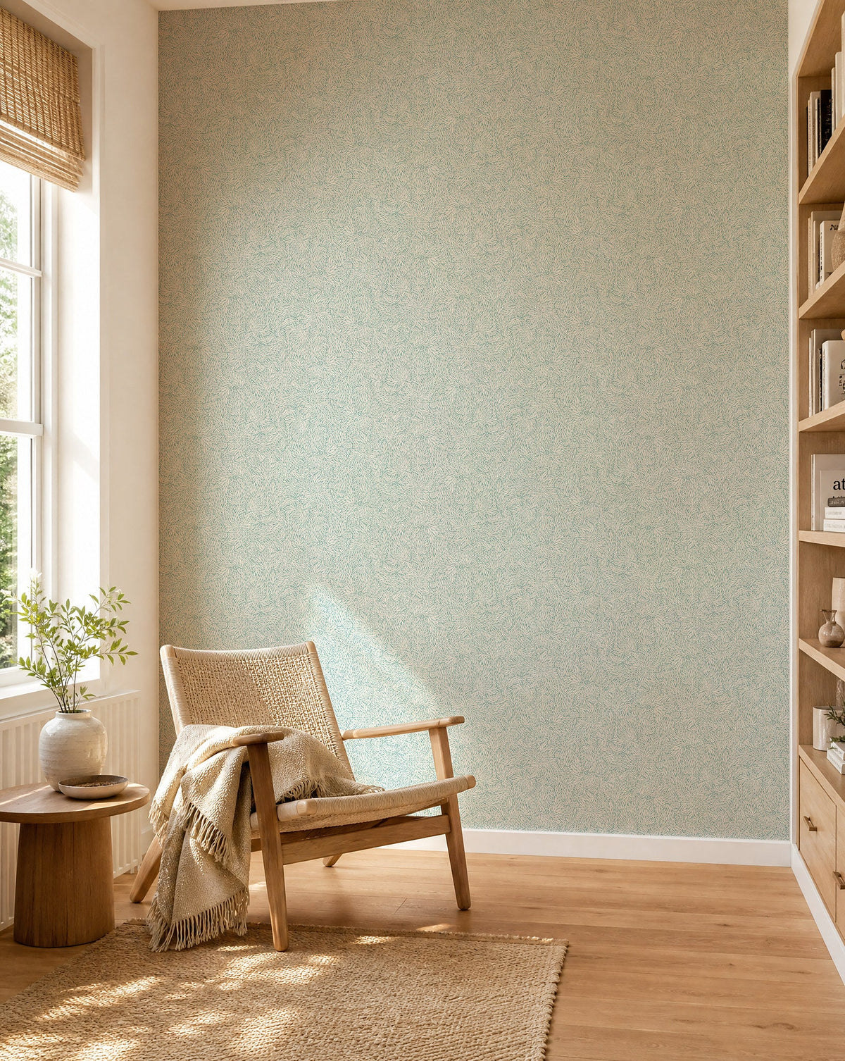 Pale aqua leafy floral commercial wallcovering installed in a sunlit reading nook