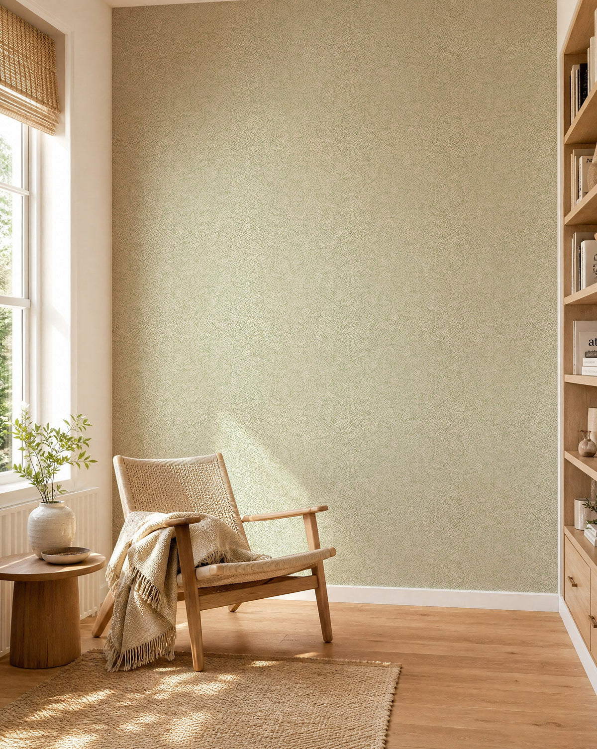 Sage green and cream leafy floral commercial wallcovering installed in a sunlit reading nook