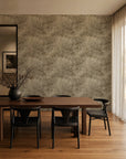 Brown and cream hand-sketched foliage commercial wallcovering installed in a dining room