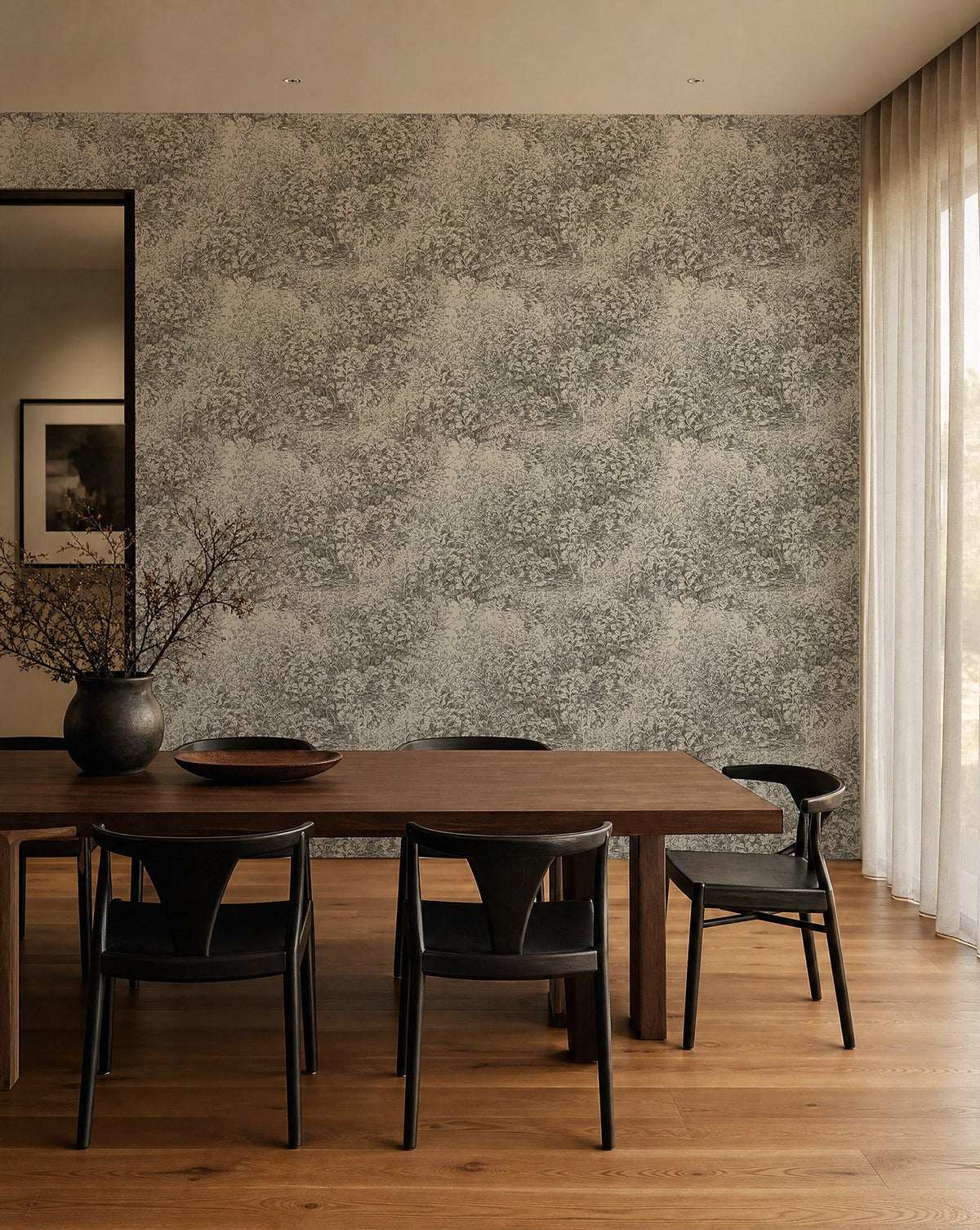 Gray and ivory hand-sketched foliage commercial wallcovering installed in a dining room
